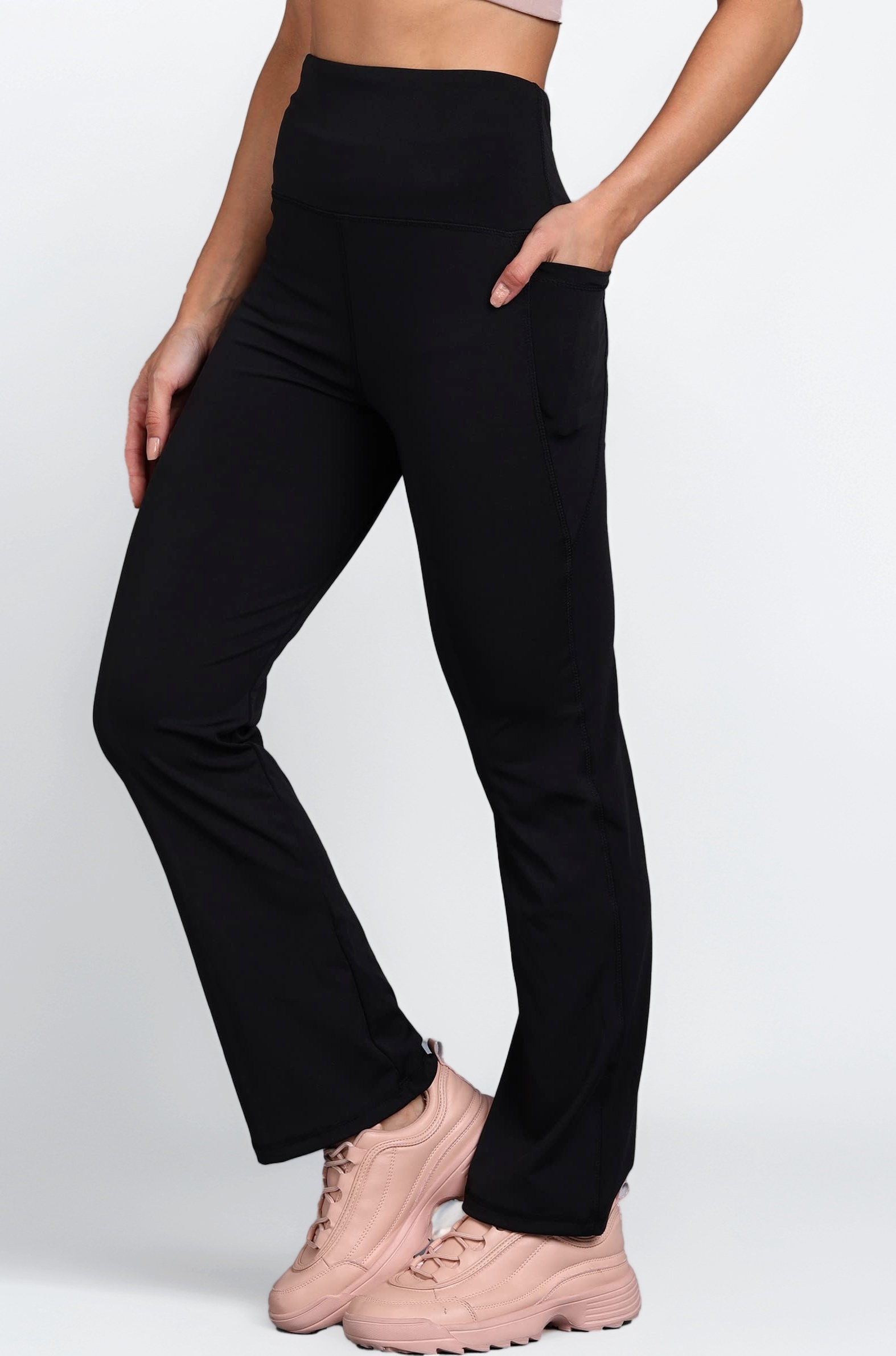 Premium Flare Gym Pants High Waist Stretchable Flared Leggings with Pockets Gym wear/Active Wear Tights Yoga Pants Womens Workout Tights Gym Tight Black