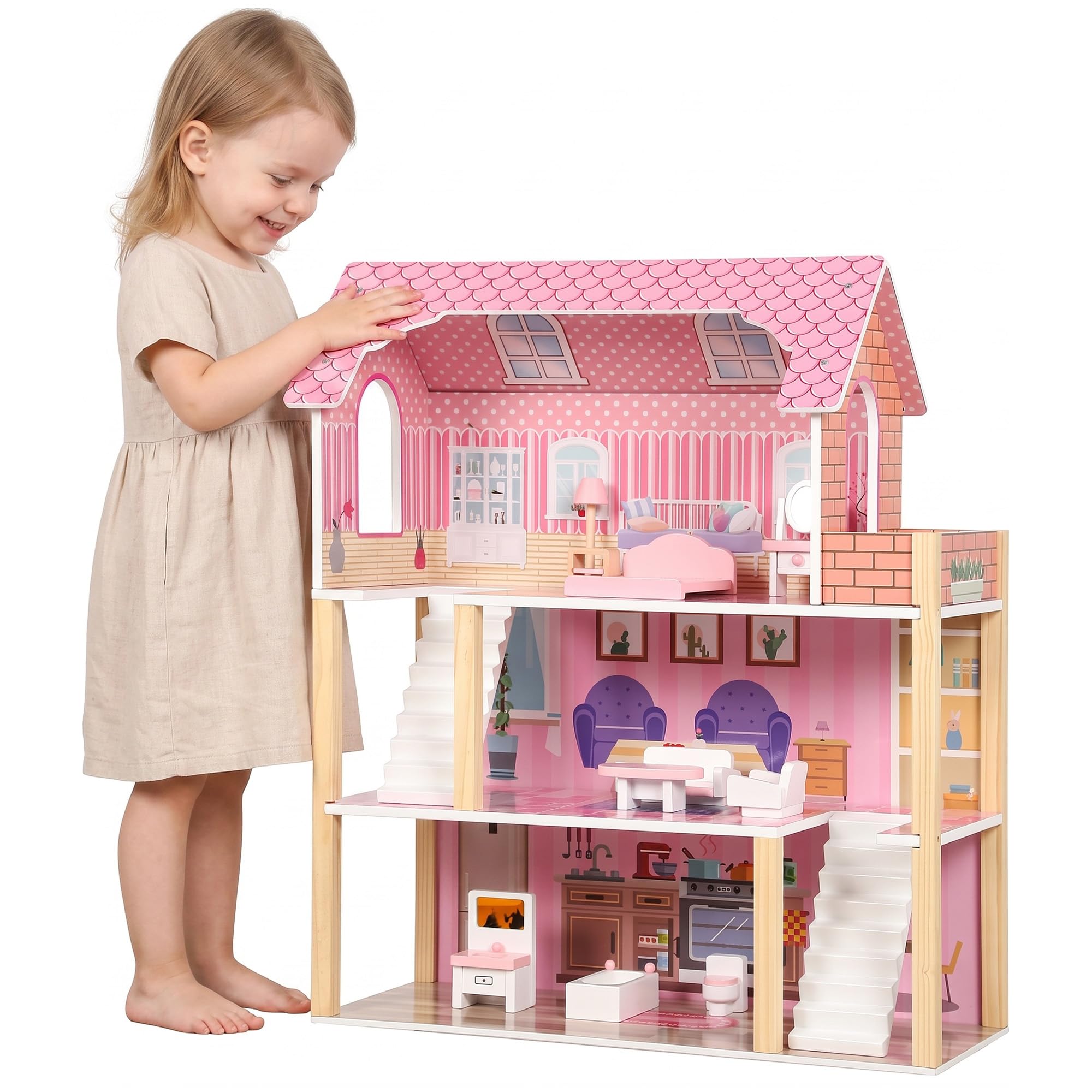AIYAPLAY Casa delle Bambole in Legno per Bambini, 3 Piani, 10 Mobili, Rosa