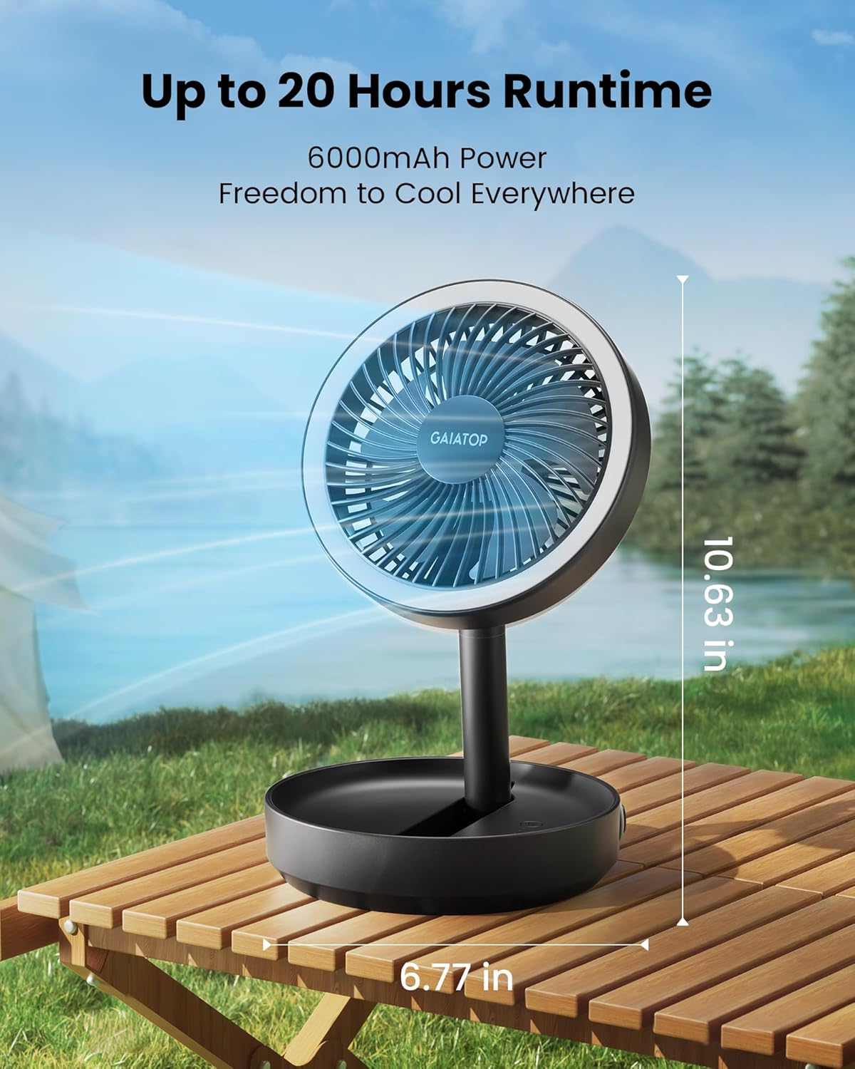 Gaiatop Foldable Small Desk Fan with LED Night Light, Wireless 6000mAh Battery Powered Portable Fan USB Rechargeable, Bedroom Office Dorm Travel Camping Cruise Essentials, Gifts for Women Men, Black
