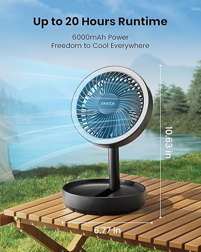 Vista 3 de Gaiatop Ventilador de escritorio pequeño plegable con luz nocturna LED, inalámbrico de 6000 mAh, ventilador portátil recargable por USB, recargable