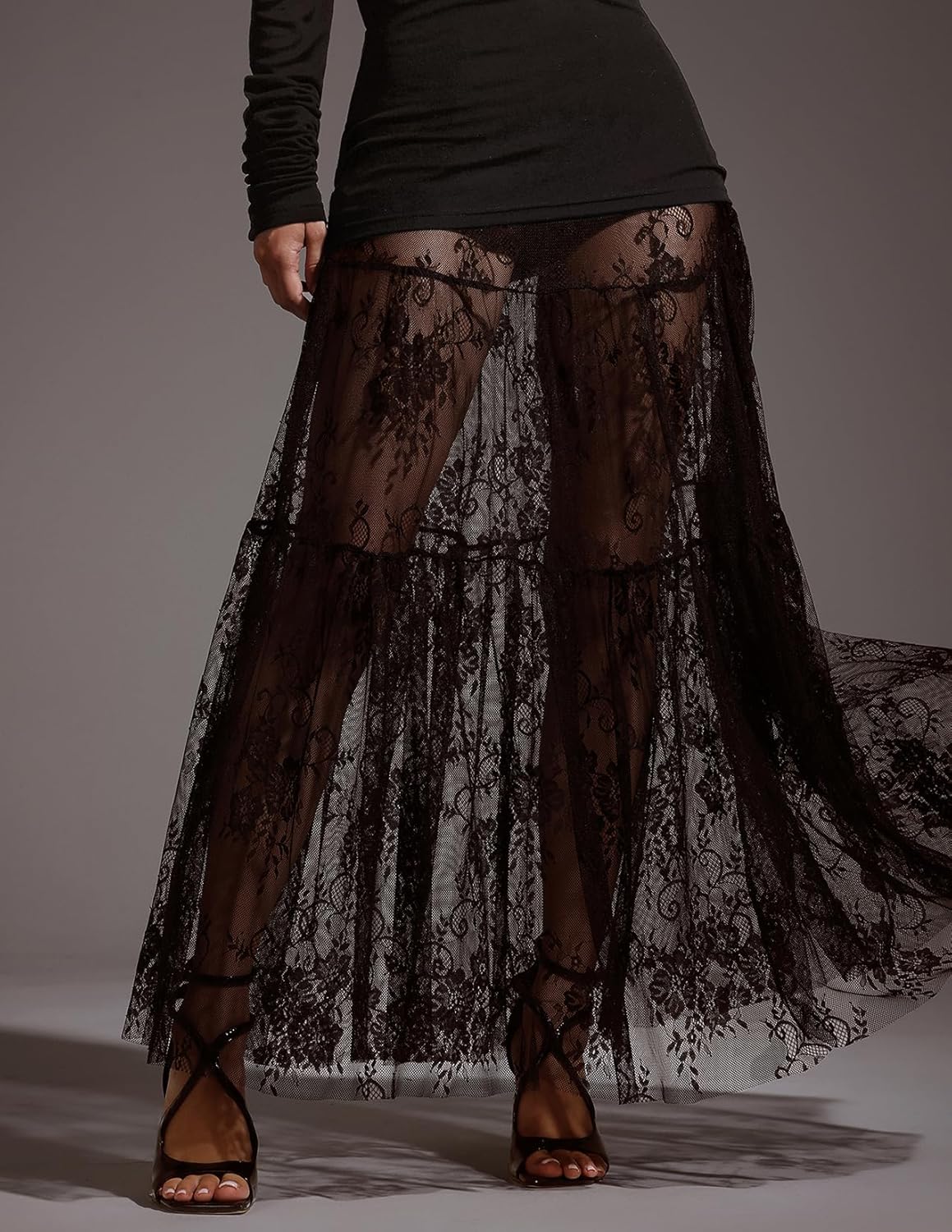 Charming Black See Through Mesh Skirt for Women Tiered Tulle Women Flowy Dress Maxi Vaction Lace Skirt - Image 2