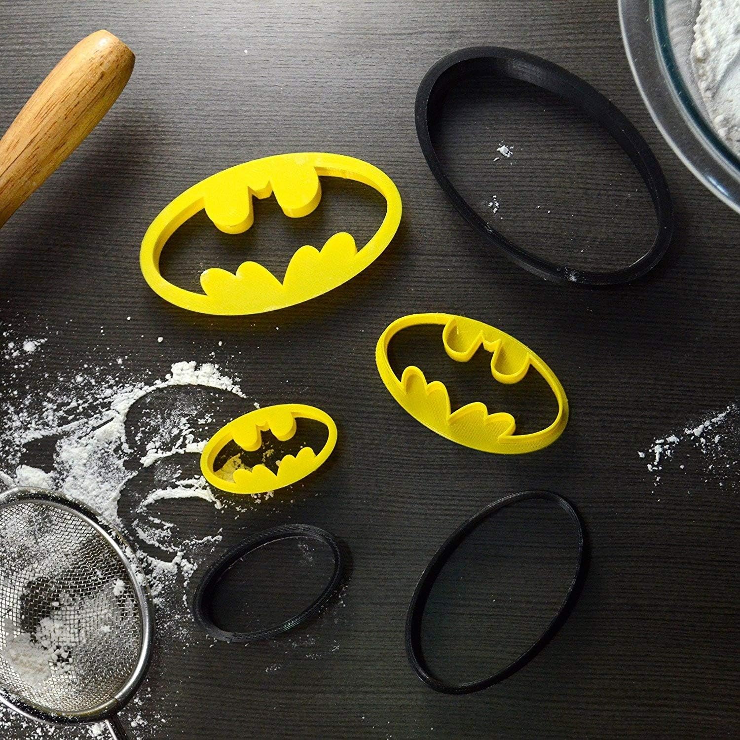 Batman Superhero Cookie Cutter & Fondant Cutter Classic Black & Yellow Logo 9-Piece Set For Kids and Parents โ Perfect for Cookies, Cake Decoration, Cupcake Toppers (3, Full Set โ 4'', 3'', 2'')