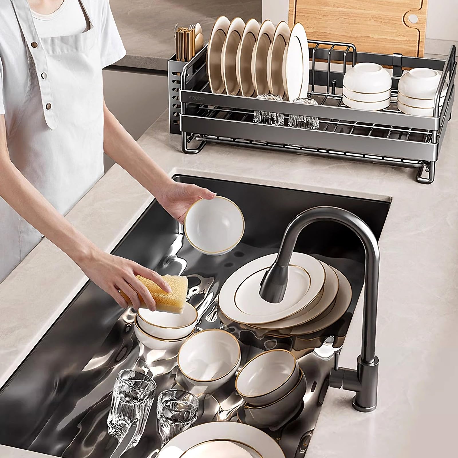 Geschirrtrockner Abtropfgestell Edelstahl Geschirrabtropfgestell Klein mit Essstäbchenhalter Und Schneidebretthalter Abtropfgitter Spüle für Haus und Wohnung