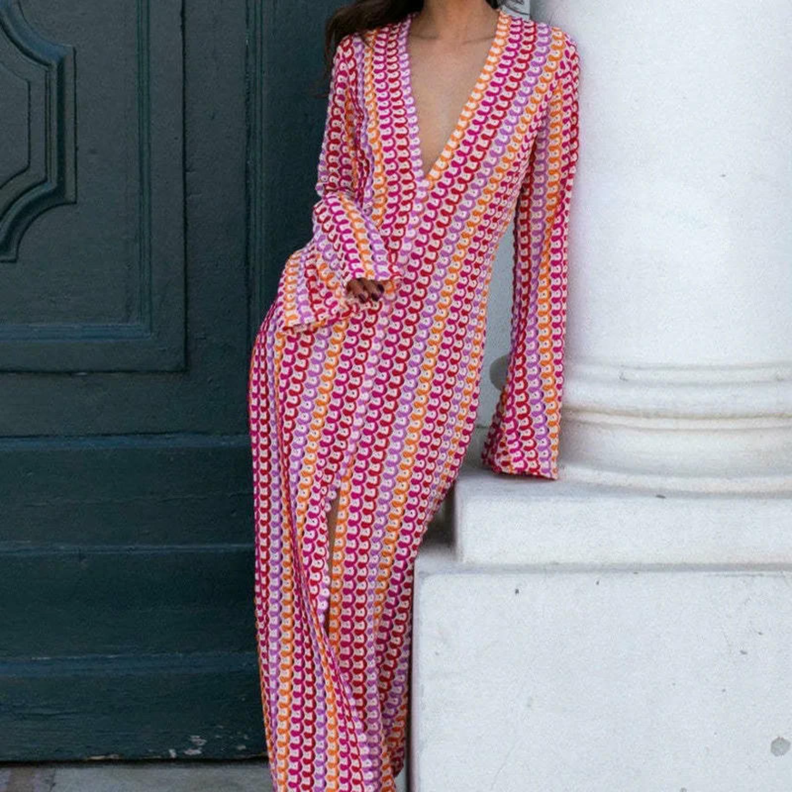 Vestiti a Maniche Lunghe Abito Strisce Colorate da Donna, Diviso con Manicotto V-Collo V, Lungo in Pizzo Sexy, Nuova Spiaggia E Abbigliamento per Banchetti, Vestidos Eleganti