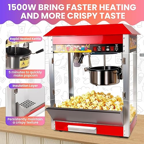 Miniatura 3 de 8 ounce popcorn machine, steel popcorn pot, with tempered glass panel and warming stand popcorn maker machine, 1500-watt tabletop home party popcorn