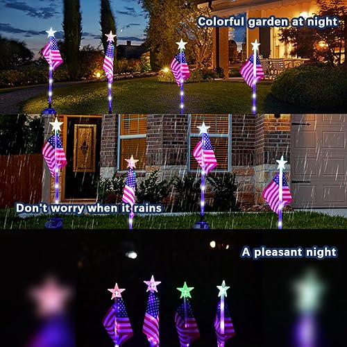 Miniatura 6 de HENHUI Luz solar actualizada para decoración del 4 de julio al aire libre, paquete de 4 luces de bandera estadounidense, luz de estaca de jardín