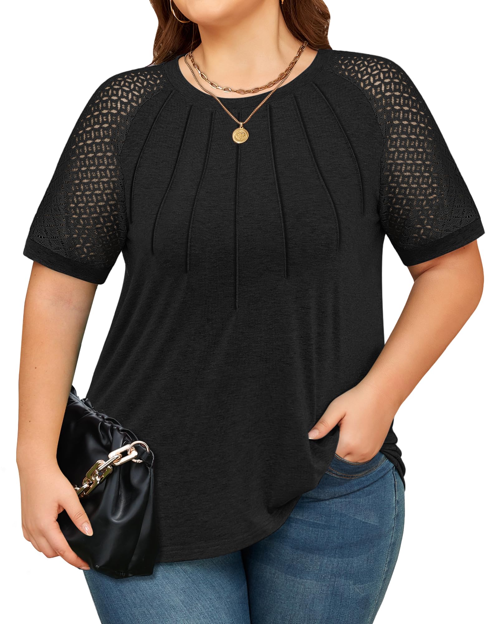 KARALIN Women’s Plus Size Lace Sleeves Patchwork Crew Neck Casual T-shirts Summer Tops Tunics