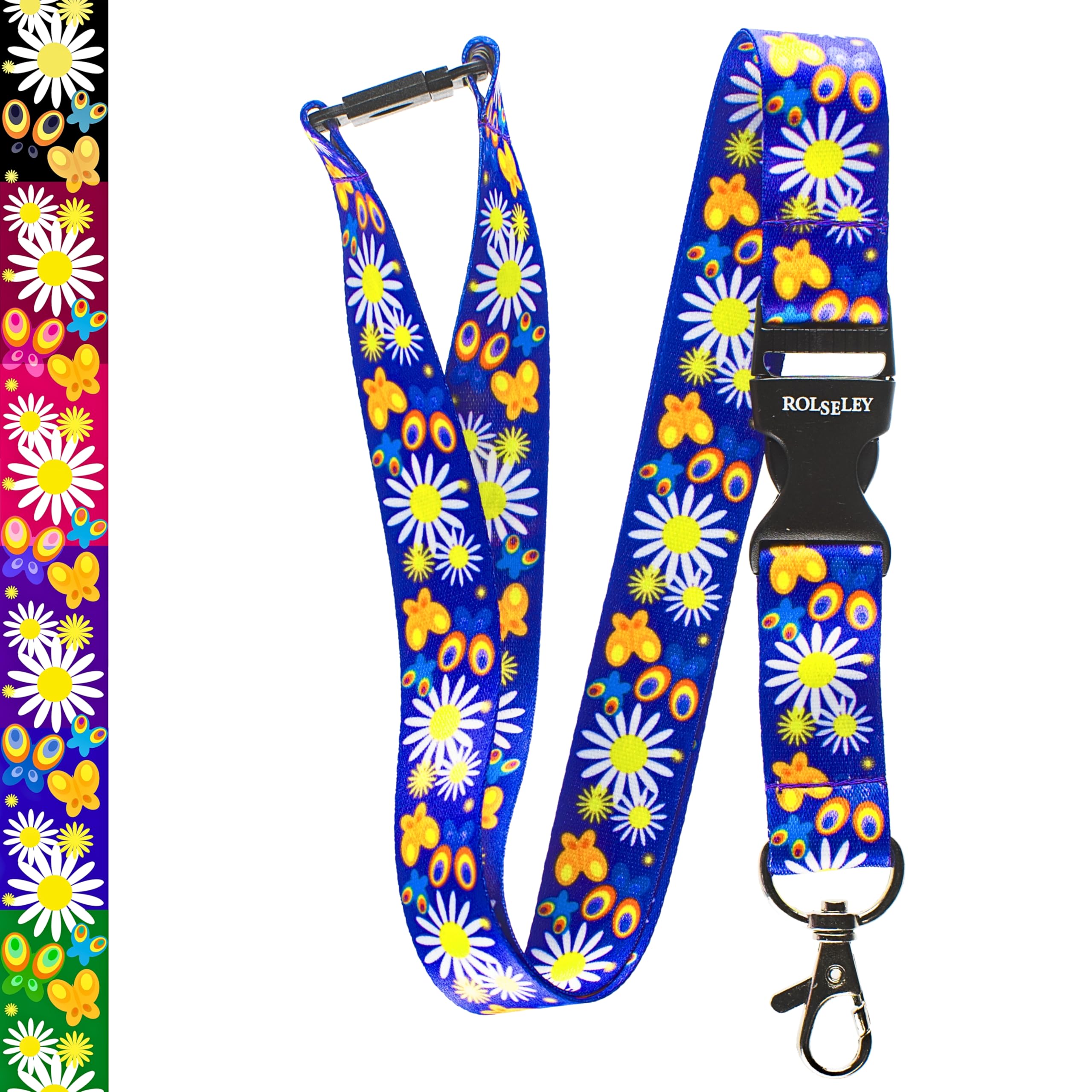 Multicolour Lanyard Neck strap With Floral Daisies Blue pattern with Safety Breakaway (1 Blue)