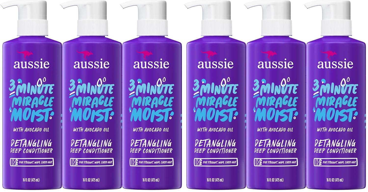 Aussie 3 Minute Miracle Moist Deep Conditioner for Dry Hair, Avocado & Jojoba Oil, Safe for Color Treated Hair, Nourishing Hydration, Silky Shine, Paraben-Free, 16 Fl Oz Each (Pack of 6)
