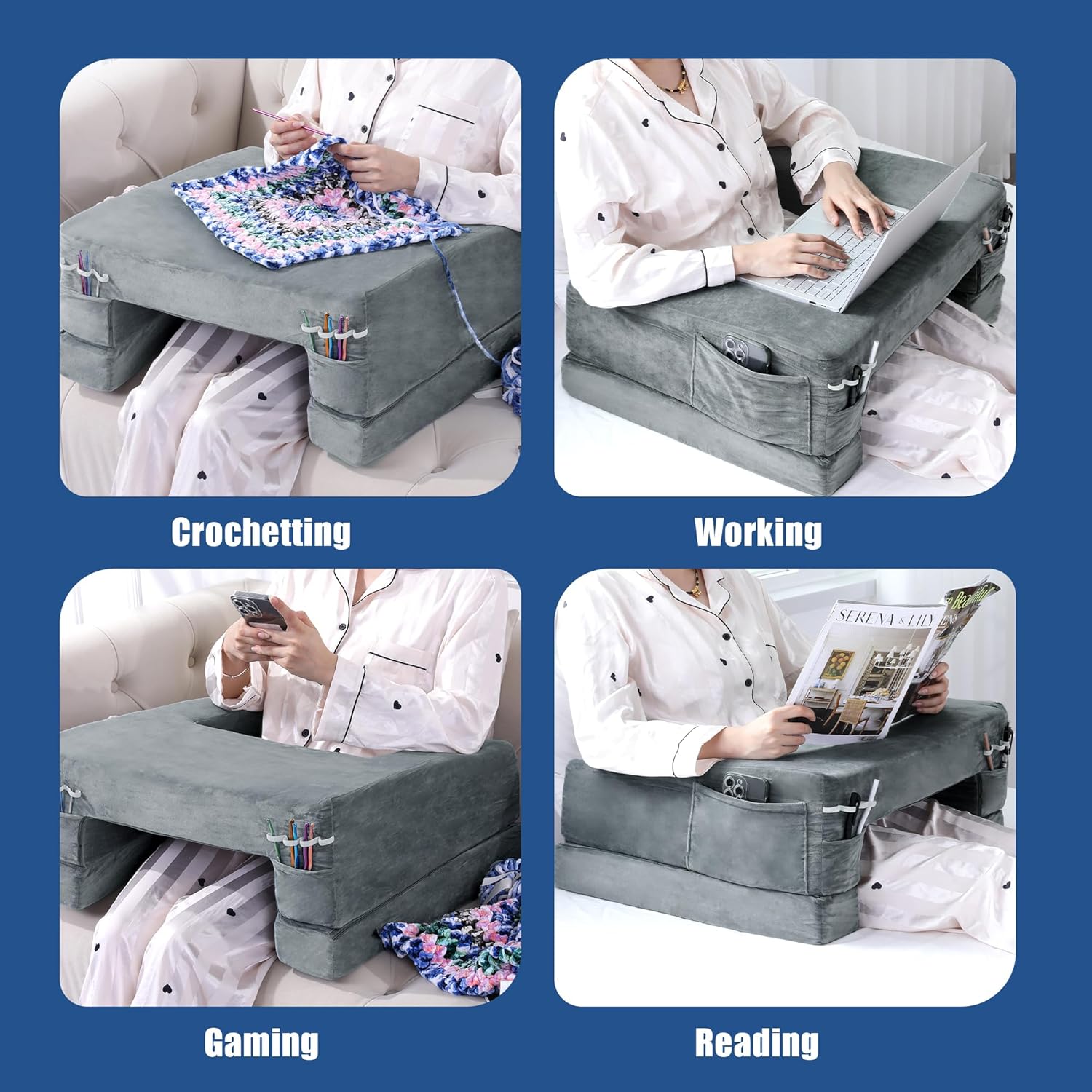 HOMBYS Adjustable Foam Crochet Pillow for Lap Support, Soft Velvet Reading & Gaming Pillow with Side Pocket and Elastic Band, Desk Pillow for Sofa, Bed & Floor, 2 Heights for Adjusting, (Grey)