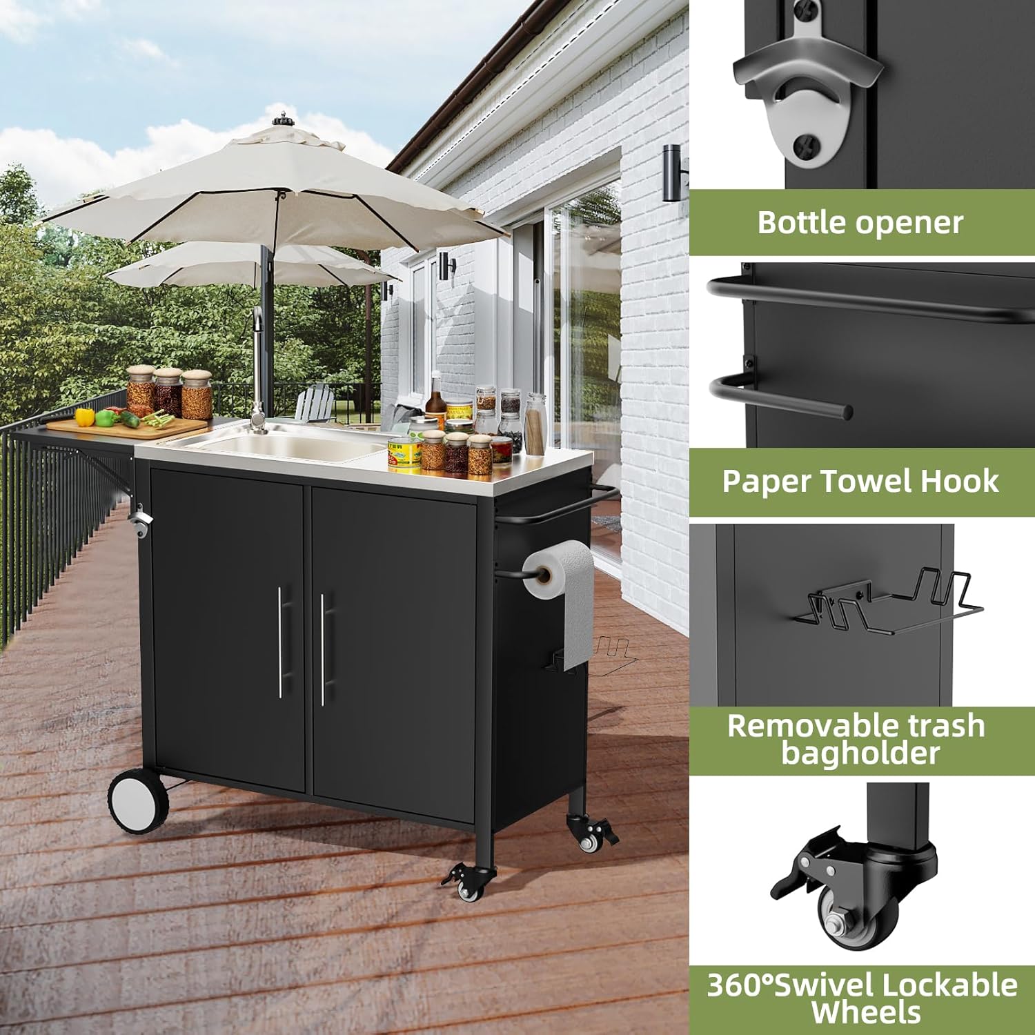 Outdoor Grill Table with Sink, Metal Worktable Kitchen Cabinet Island with Foldable Top and Storage Cabinet, Rolling Grill Cart with Wheels for Garden, Backyard and Lawn (Black with Foldable Top)