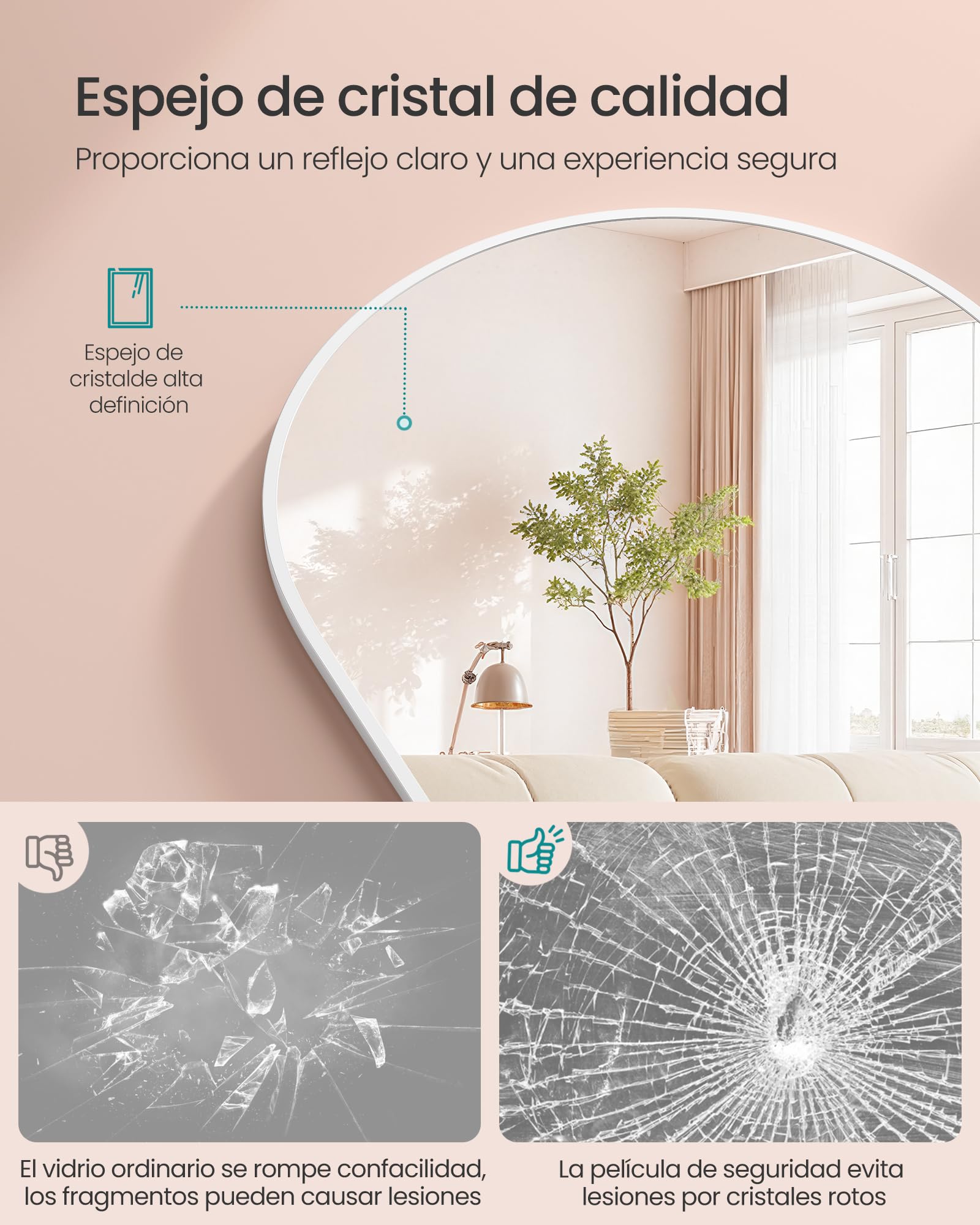 SONGMICS Espejo de Cuerpo Entero, 160 x 50 cm, Espejo de Pie Arqueado con Soporte, con Marco de Aleación de Aluminio, Cristal Templado, para Dormitorio, Salón, Vestuario, Blanco Mate LFM031WC01 — view 3