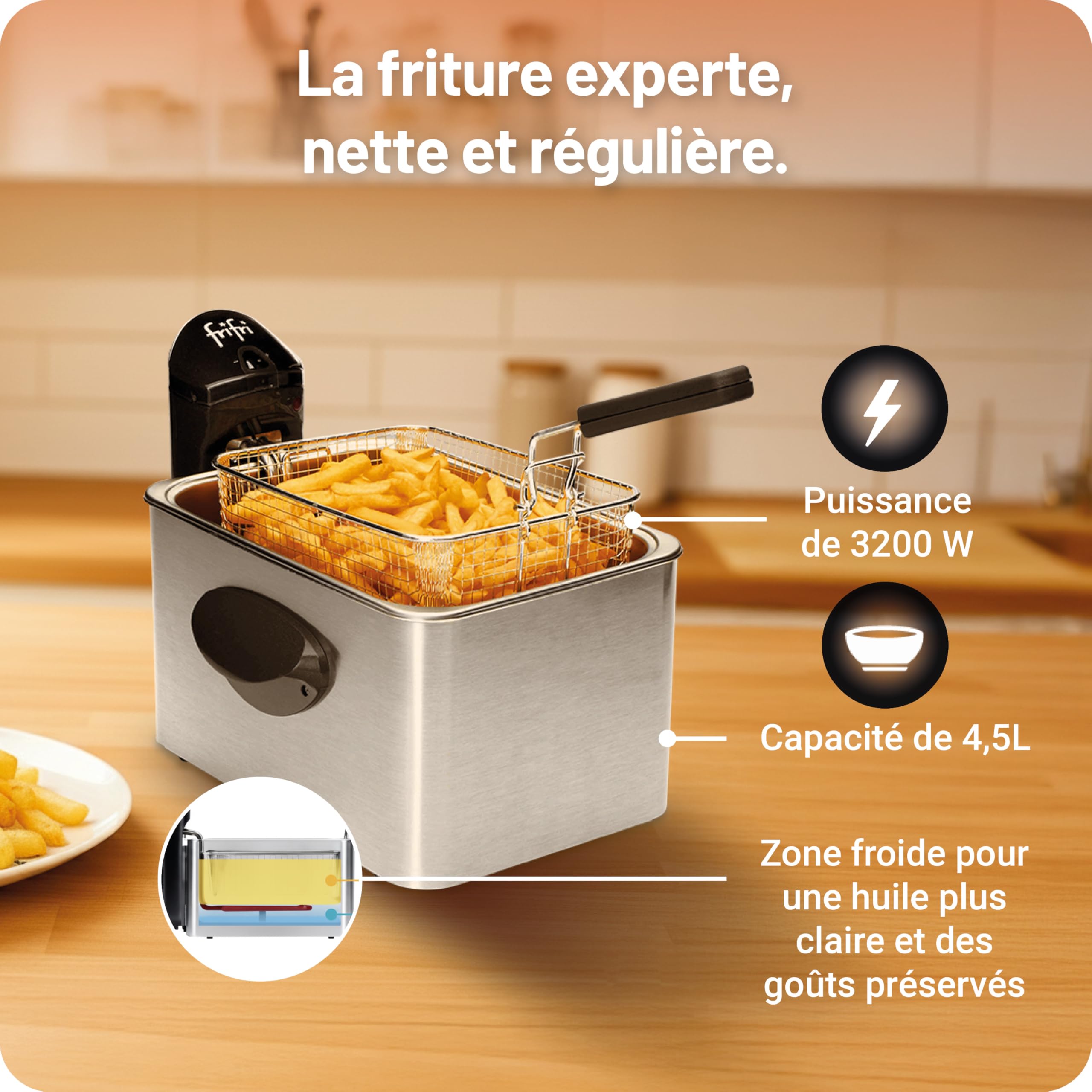 frifri Friteuse Expert 4,5L DUO 3200W - Design Rectangulaire,Tête de Chauffe Brevetée, Facile à Nettoyer - Aluminium