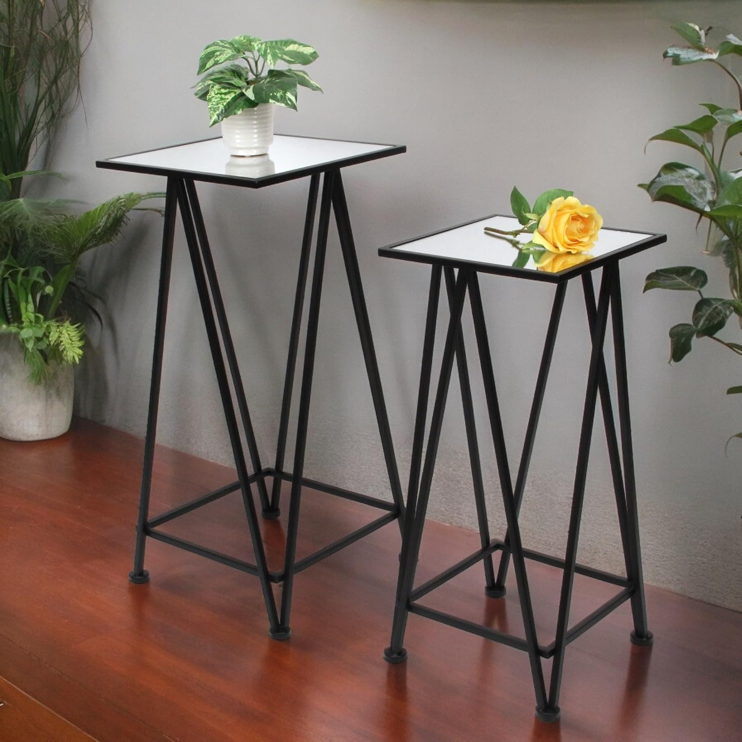 Aeriva Set of 2 Square Metal Modern Tables | Mirror Top | Black 6062-2BK