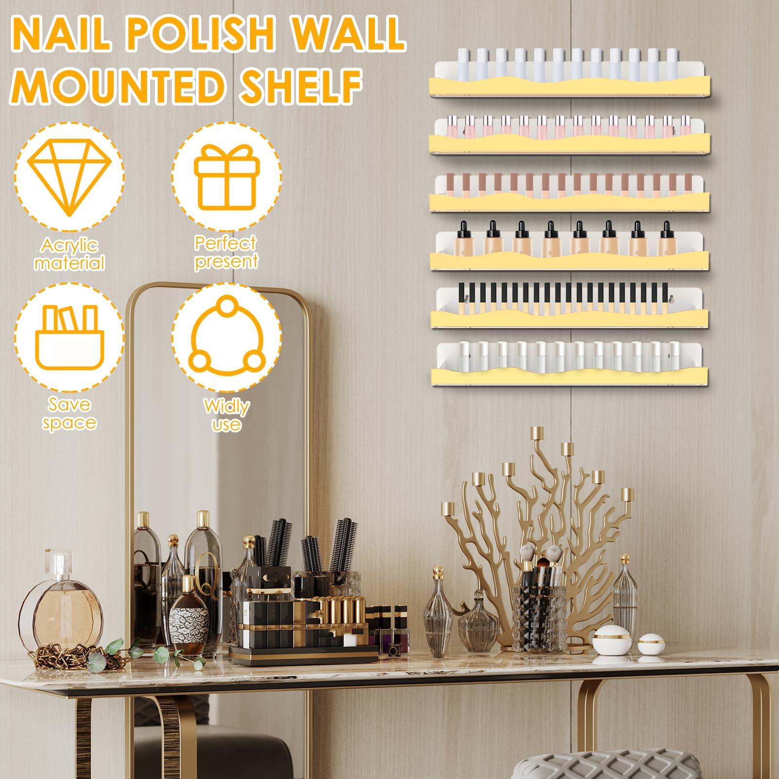Estantería de pared para esmalte de uñas, 6 estantes colgantes de oro de estante de esmalte de uñas, 38 cm de longitud, acrílico, organizador de exhibición de uñas para 66-90 botellas