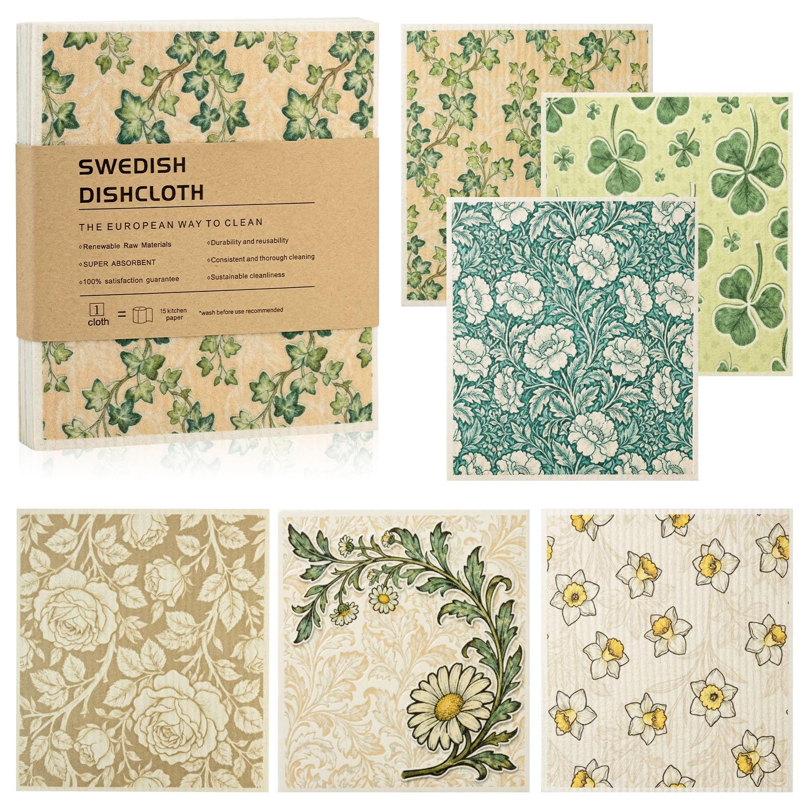 Swedish Dishcloth Set of 6 - Absorbent Friendly Reusable Cellulose Swedish Dish Cloths for Cleaning Pots and Bowls, Biodegradable Kitchen Rags, Eco-Friendly Cellulose Sponge Dish Cloth (Retro floral)