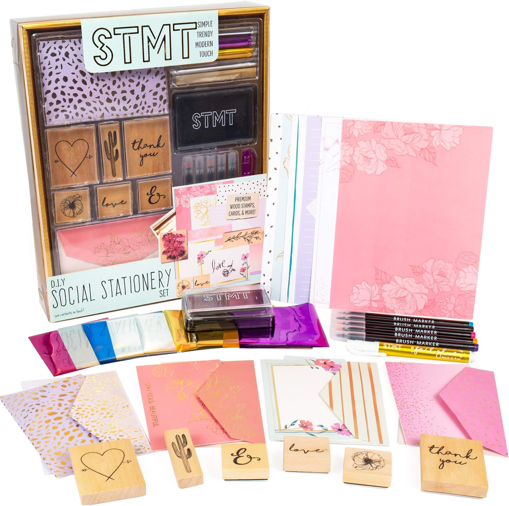STMT Social Stationery by Horizon Group USA, 6 Wooden Stamps, Stamp Pad, Cards, Envelopes, Brush Markers, Hand Lettering, Bullet Journaling, Scrapbooking