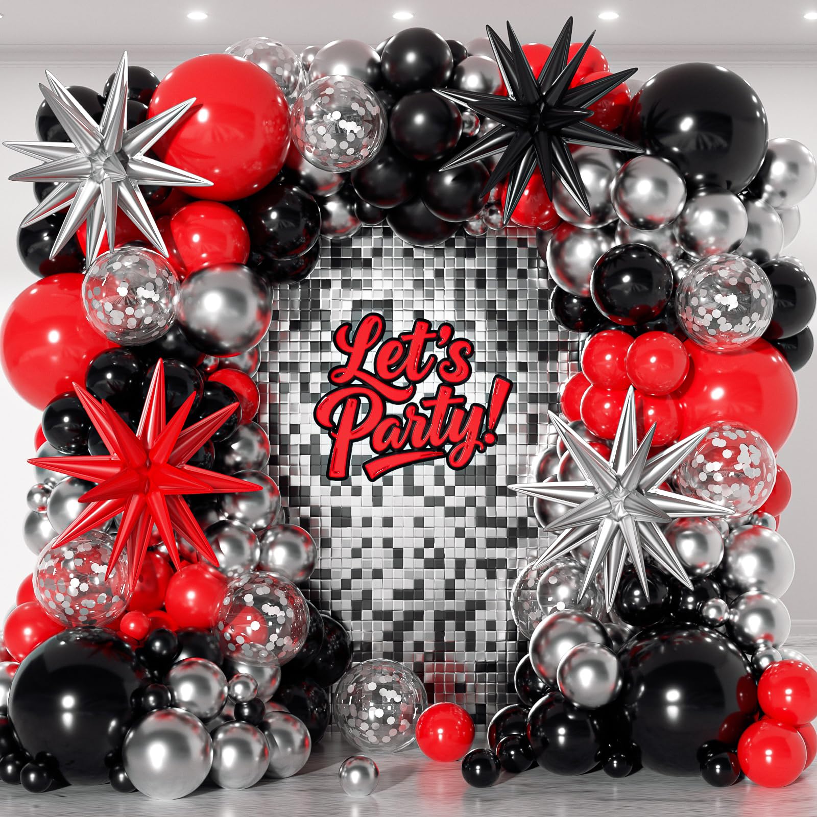 153Pcs Red and Black Silver Balloons Garland Arch Kit with Stars -22 18 12 10 5 inch Different Size Red Black Metallic Silver Balloon for Birthday Graduation Racing Car Poker Party Decorations