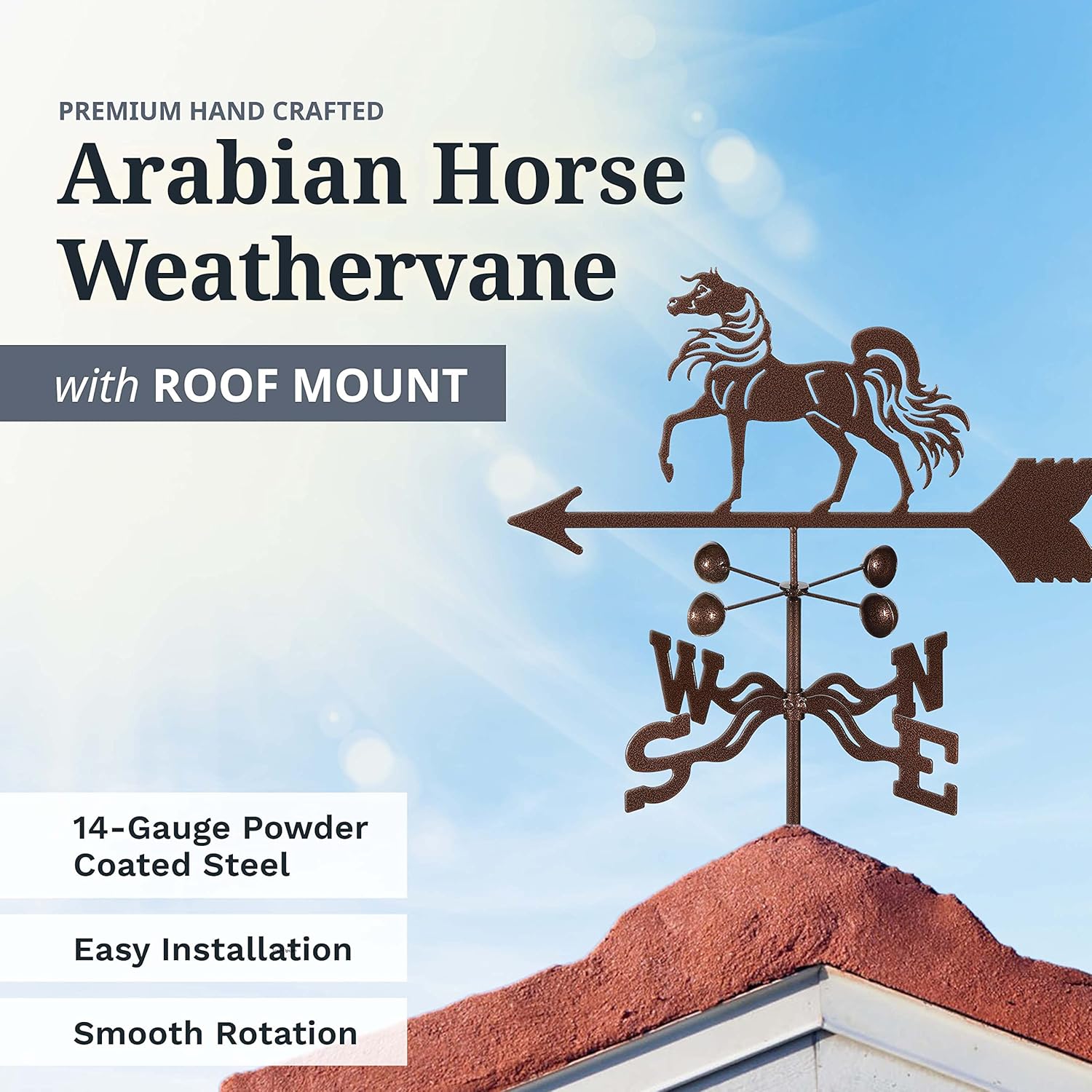 EZ Vane Steel Arabian Horse Weathervane 21” Height, Includes Metal Roof Mount, Wind Cups & Brackets | Hand-Crafted and Family-Owned, Made in The USA with Triple Powder Coating, Limited