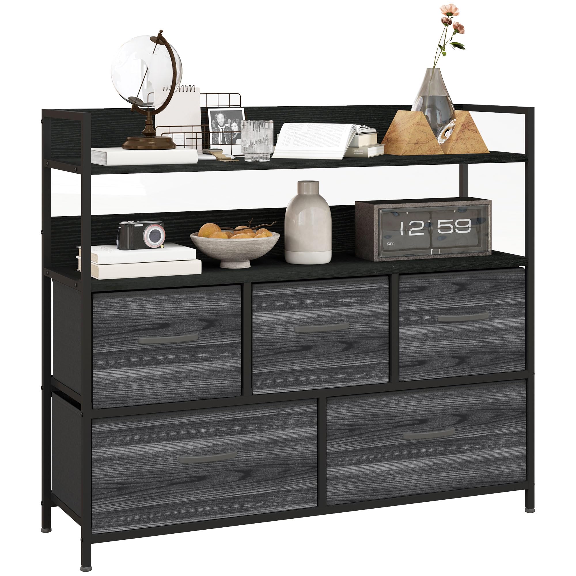 Homcom Bedroom Chest Of Drawers 5 Drawer Dresser W/ Shelves, Black