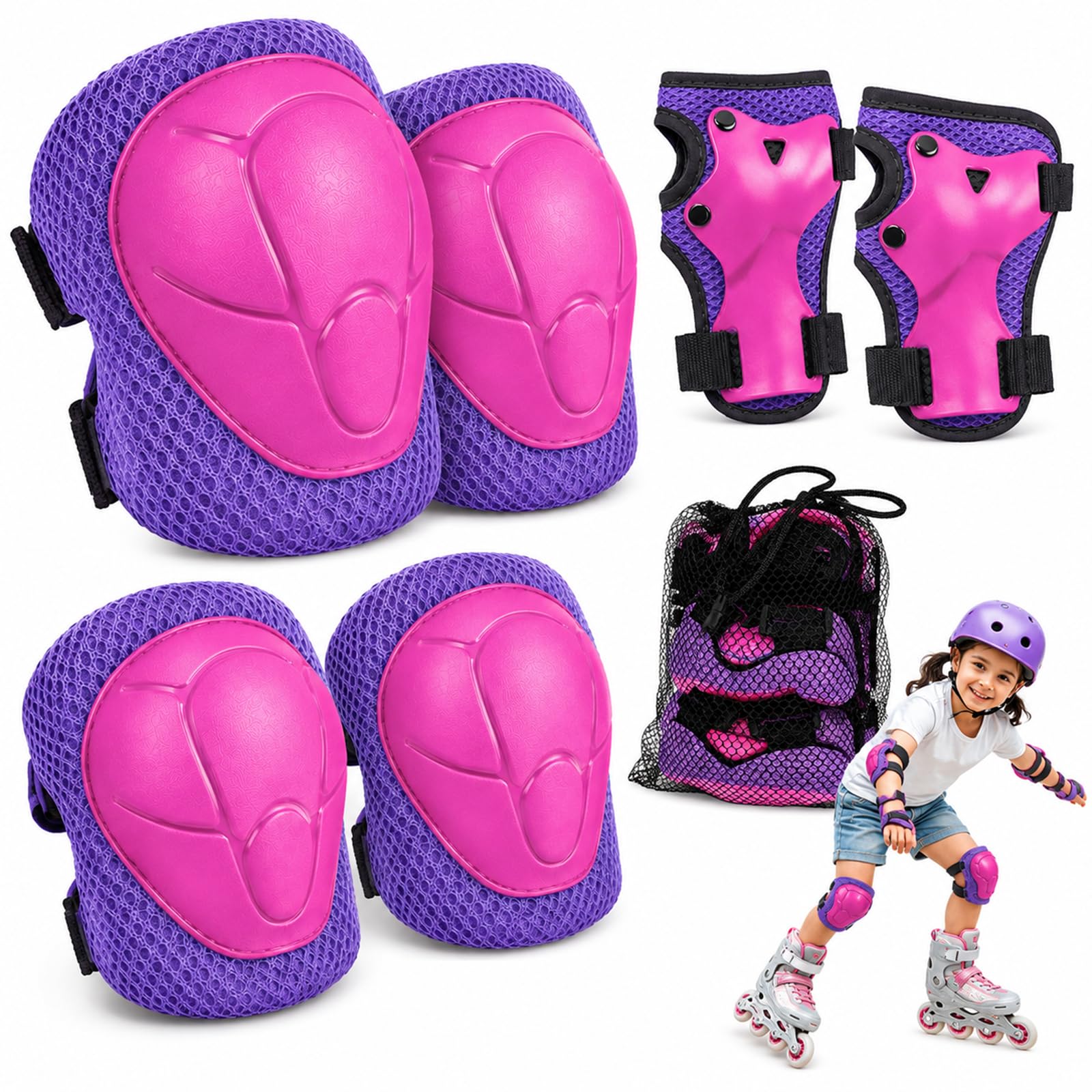 Kids Protective Gear Set 6PCS, Adjustable Knee Elbow Wrist Guards with Mesh Bag, Safety Protector for Kids Boys Girls, for Skateboard Roller Skating Biking Scooter Outdoor Sports (Purple)