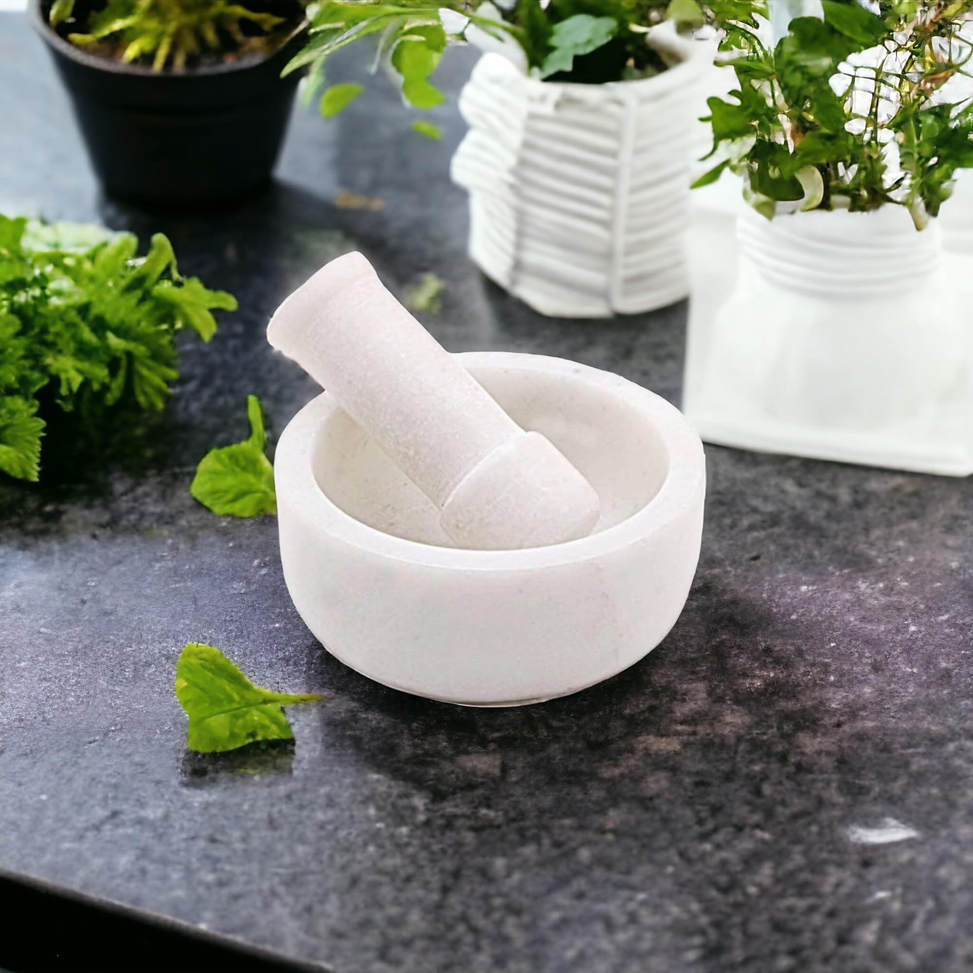 - Saudeep India White Marble Granite Imam Dasta, Mortar and Pestle Set, Ohkli Musal, Kharal or khalbatta or Mixer and Grinder Set for Kitchen (White, 4x3 Inchs)