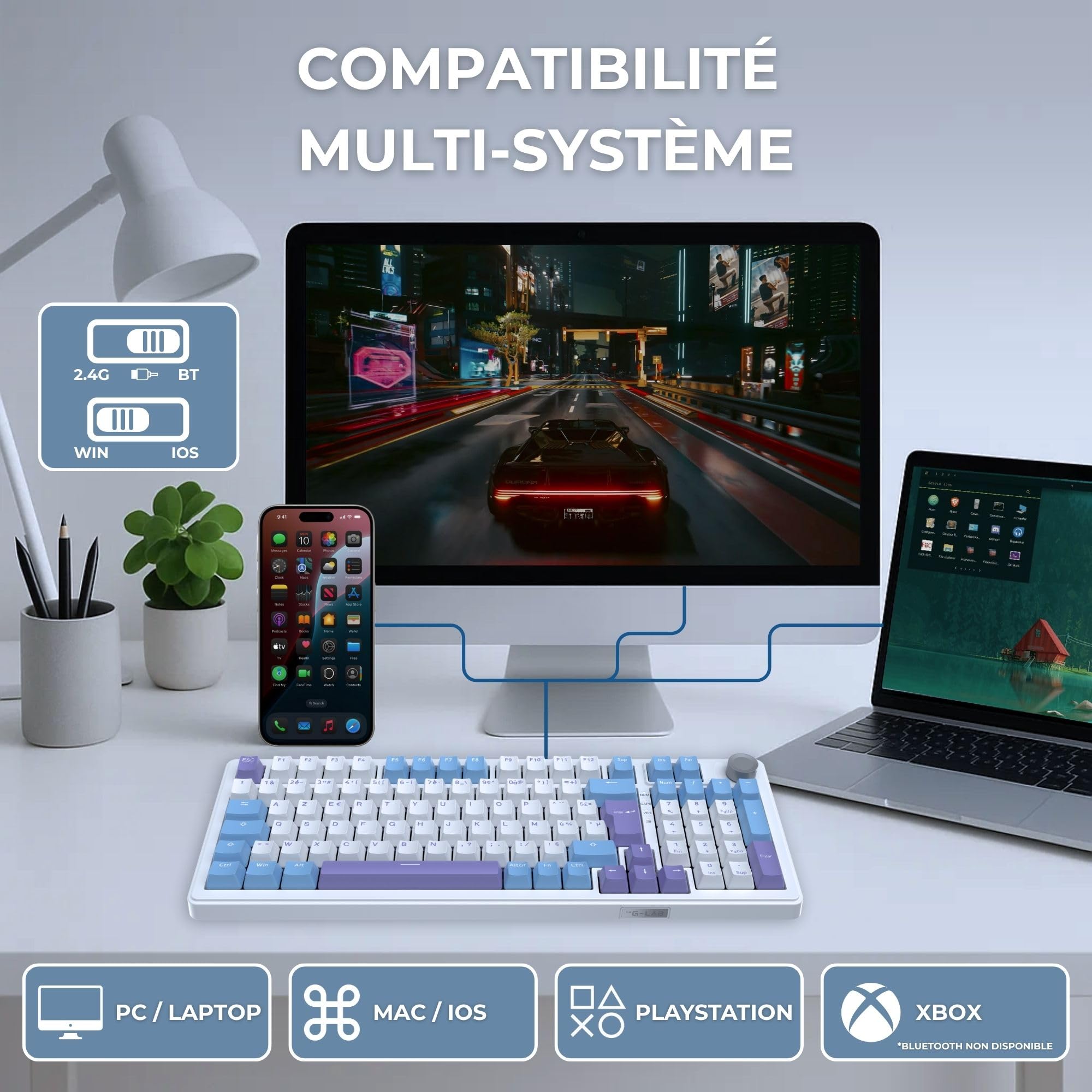 The G-Lab - KEYZ ELITE 400 WB - Bezprzewodowa Klawiatura Gamingowa - Układ AZERTY FR - Mechaniczna Klawiatura z Hot-Swappable Switches, 5-Layer Gasket, Tri-Mode 2.4G/BT/Kabel, RGB i Makra, Win/Mac