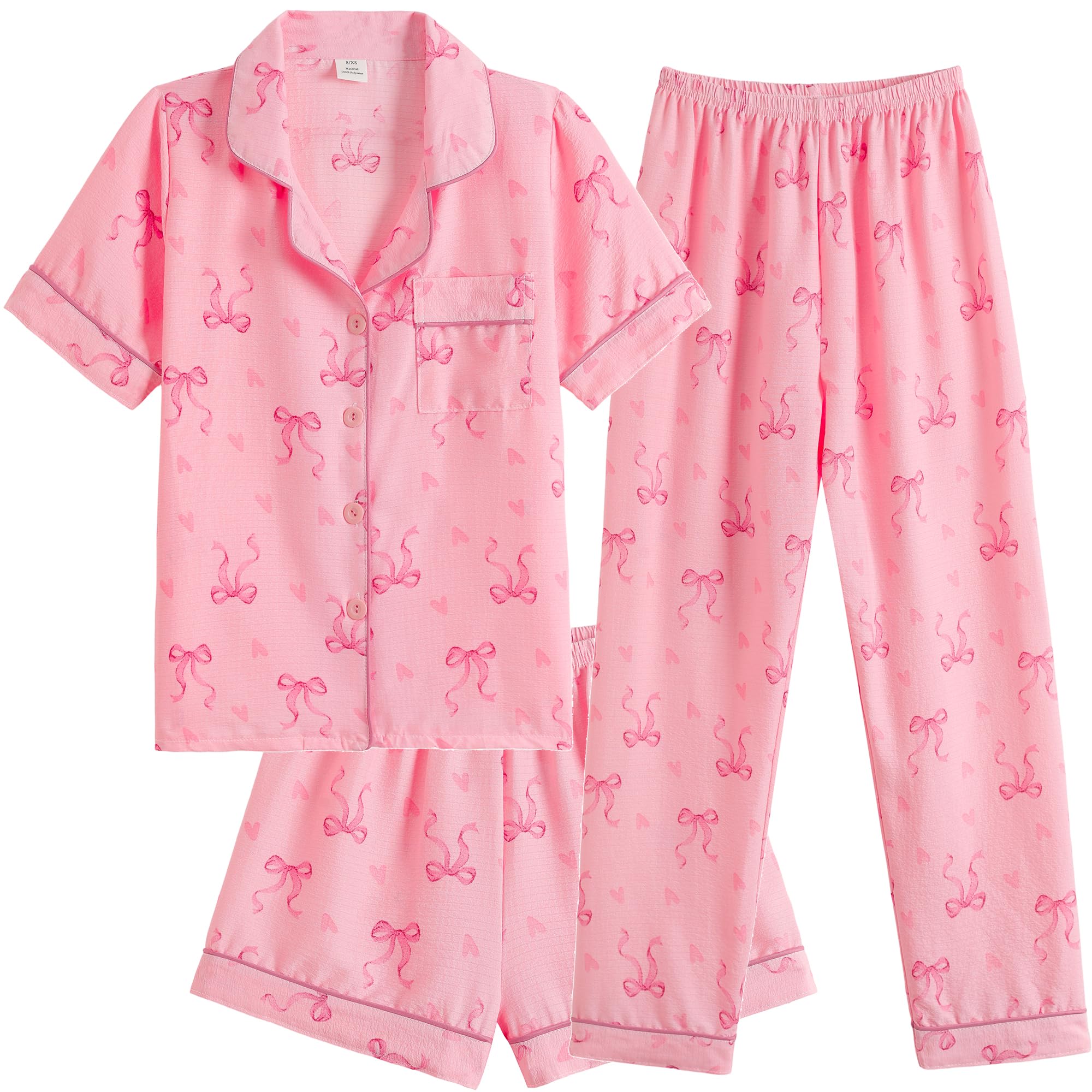 Hupohoi Big Girls Button Down Pajama Set 3pcs Crepe Fabric Sleepwear Nighty