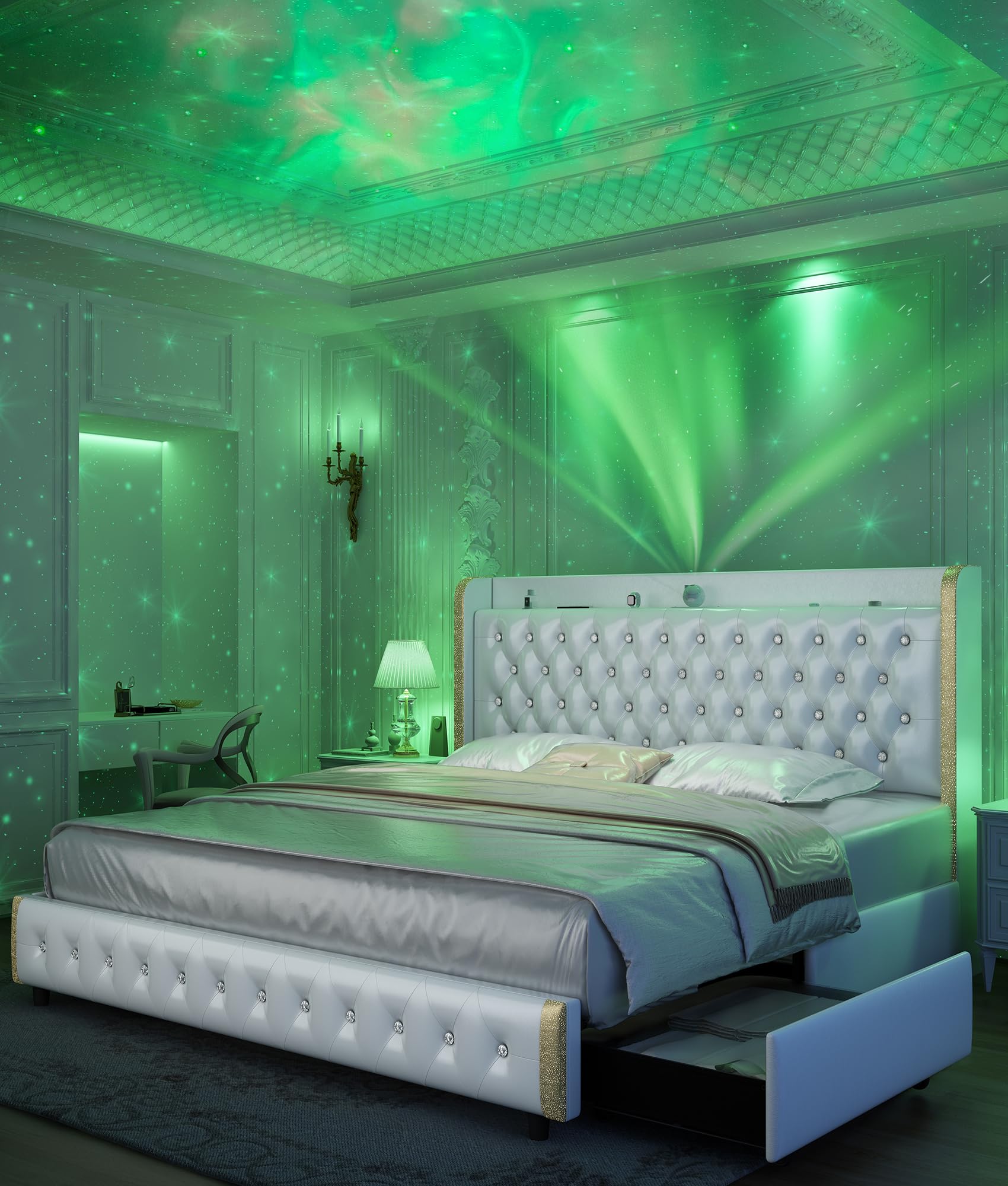 GEGOFORU Queen Led Bed Frame with 4 Drawers Projector Galaxy Light, Wingback Upholstered Headboard, Diamond Charger Music Speaker, No Box Spring