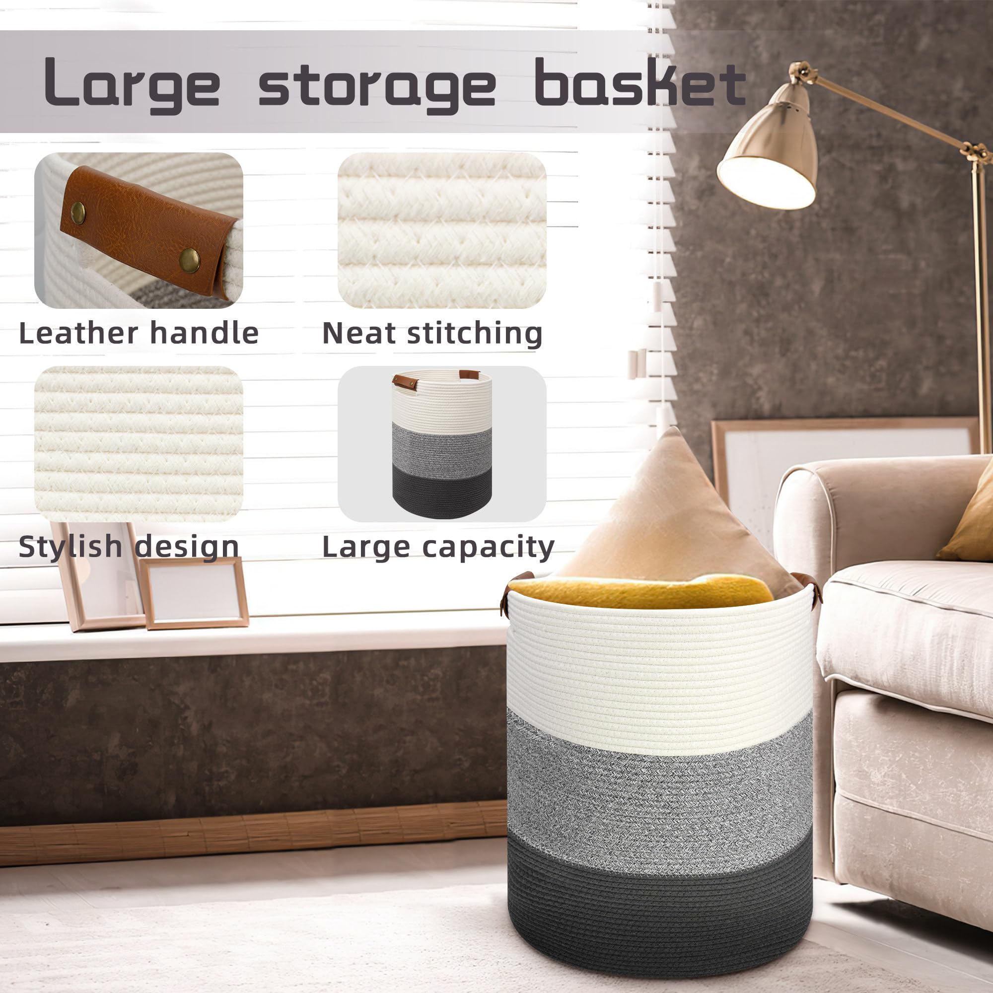 Goodheim Tall Cotton Rope Laundry Basket with Handles - Image 3