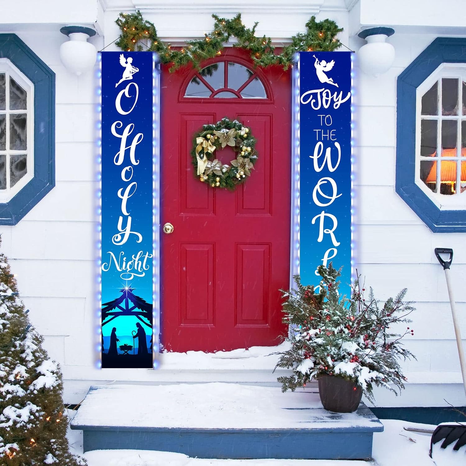 2 Pcs Holy Night Christmas Nativity Porch Sign Religious Blue Jesus Nativity Banner with LED String Lights for Winter Christmas Front Door Porch Yard Decorations 12 x 71 Inch : Patio, Lawn & Garden