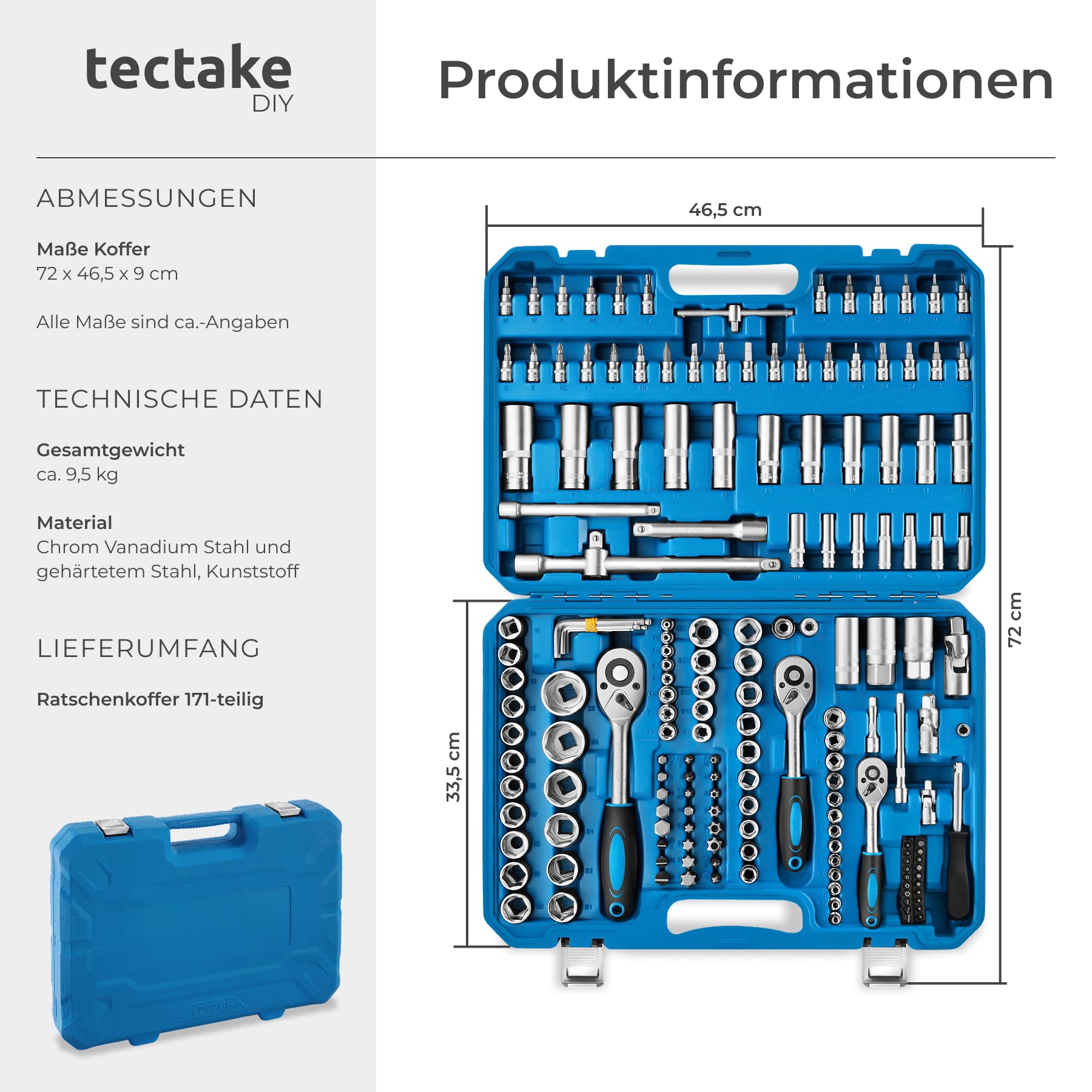 tectake® 171 tlg. Knarrenkasten 1/4, 3/8 und 1/2 Zoll Nusskasten, Ratschenkasten, Steckschlüssel Set, Werkzeugkoffer gefüllt, Ratschenschlüssel Set, Werkzeug Set aus Chrom Vanadium Stahl, Heimwerken