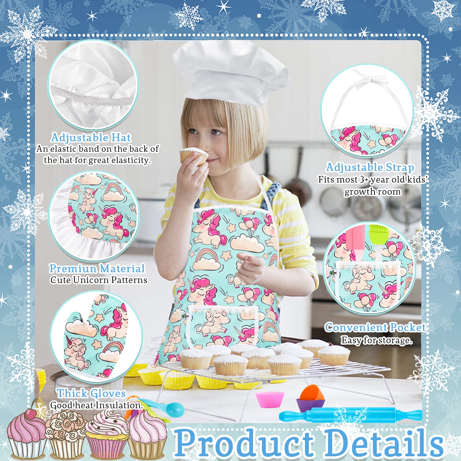 KAEGREEL Kids Baking Chef Set including Unicorn Apron, 26pcs Kitchen Toys Kid Cooking Set including Chef Hat Spoons Whisk - Image 4