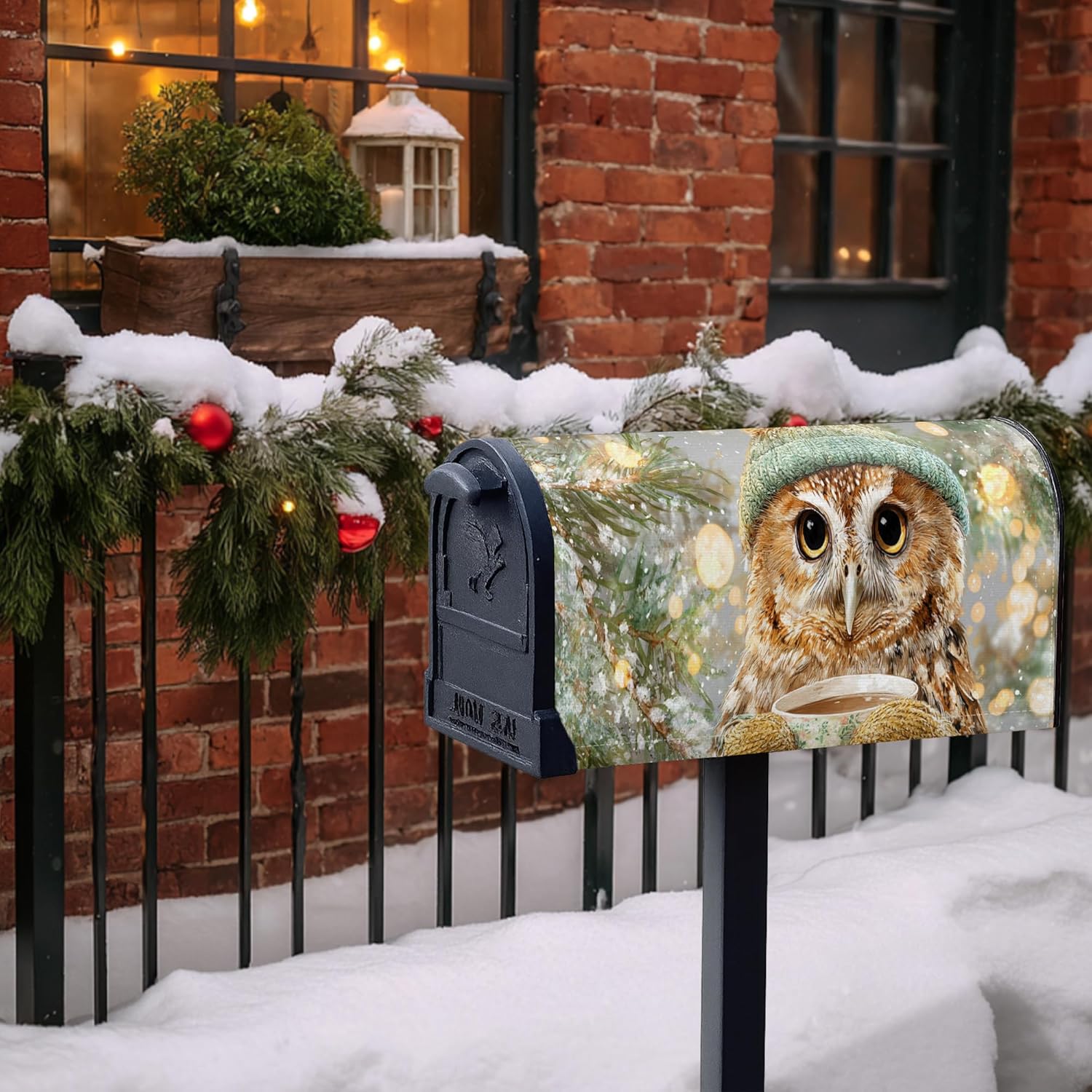 Owl Magnetic Mailbox Covers, Winter Rustic Pine Branches Snowflakes Winter Brown Mailbox Wraps for Outdoor Garden Yard Decor 21x25.5 Inch