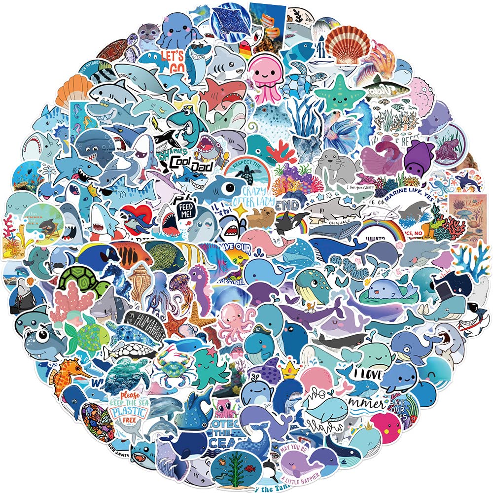 200Pcs Ocean Animal Stickers, Cute Cartoon Ocean Stickers for Kids, Sea Life Waterproof Vinyl Decals for Laptop Notebooks Skateboards Bicycle
