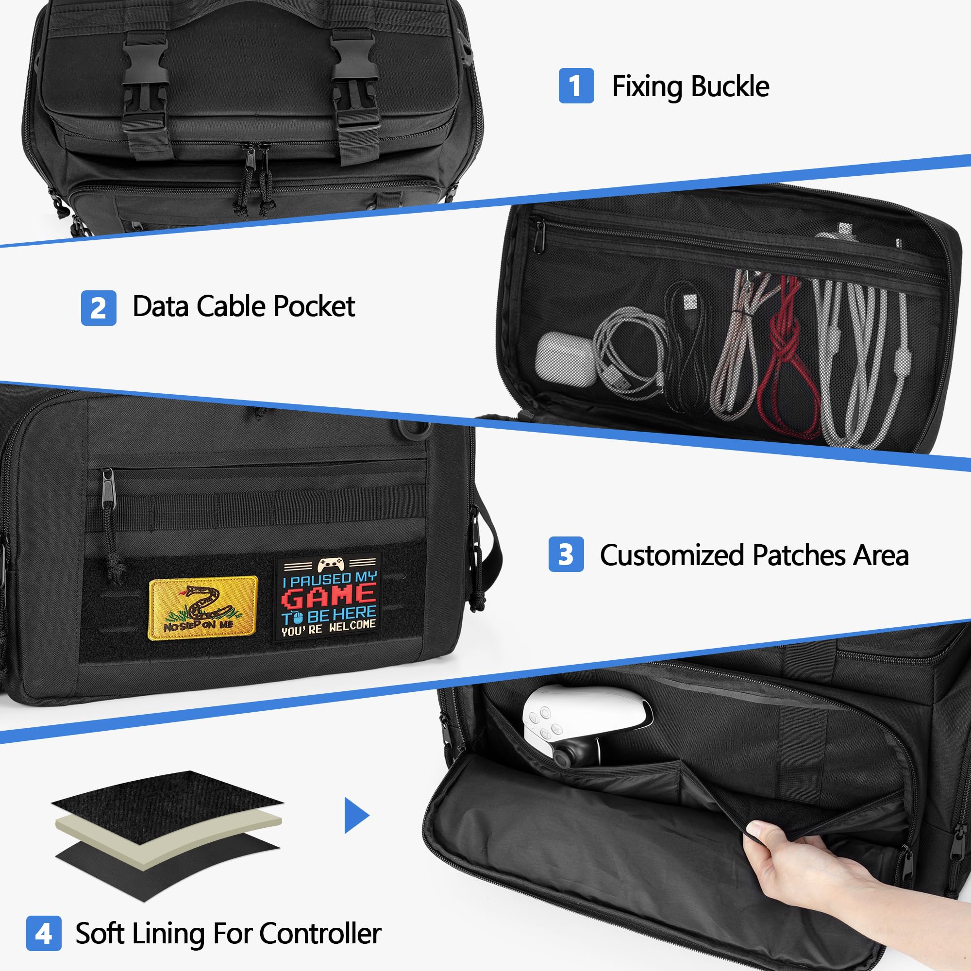 PGmoon Bolsa de transporte compatible con PS5/PS5 Pro/PS4/Xbox, bolsillo táctico para controladores, consola de viaje con compartimentos para portátiles de 15,6 pulgadas | Bolsa de transporte con varios compartimentos para portátiles de 15,6 pulgadas, con