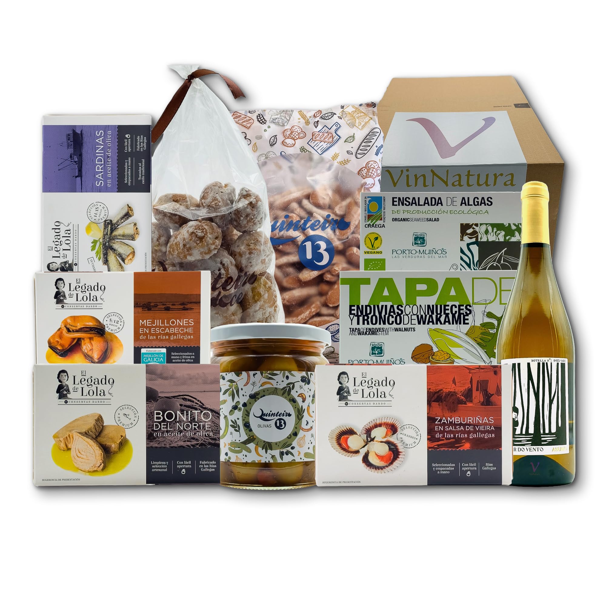 Cesta Gourmet Cíes de VinNatura con Conservas Artesanales y Vino Godello | Regalo gourmet gallego, regalos de empresa, cesta con vino, elaboración tradicional, tarjeta personalizable