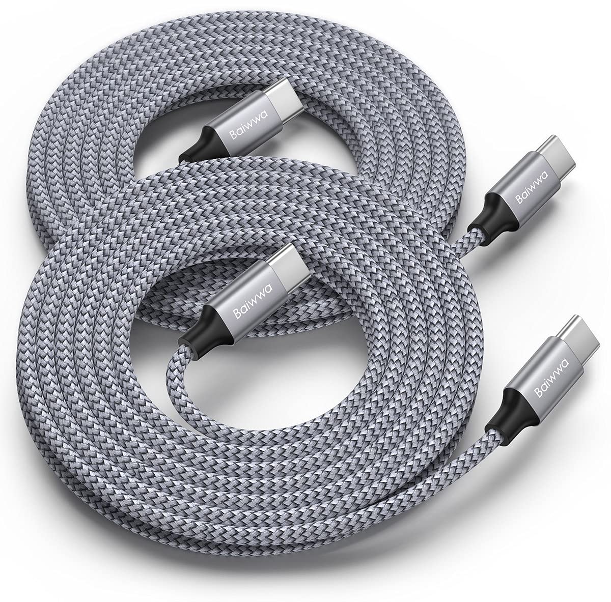 Baiwwa 2-Pack 3m USB C to USB C Cable, Long USB Type C Charger Cable PD 60W Fast Charging Braided Wire Compatible with iPhone 15/Plus/Pro Max, Samsung Galaxy S24 S23 Ultra S22 Plus, and More -Grey