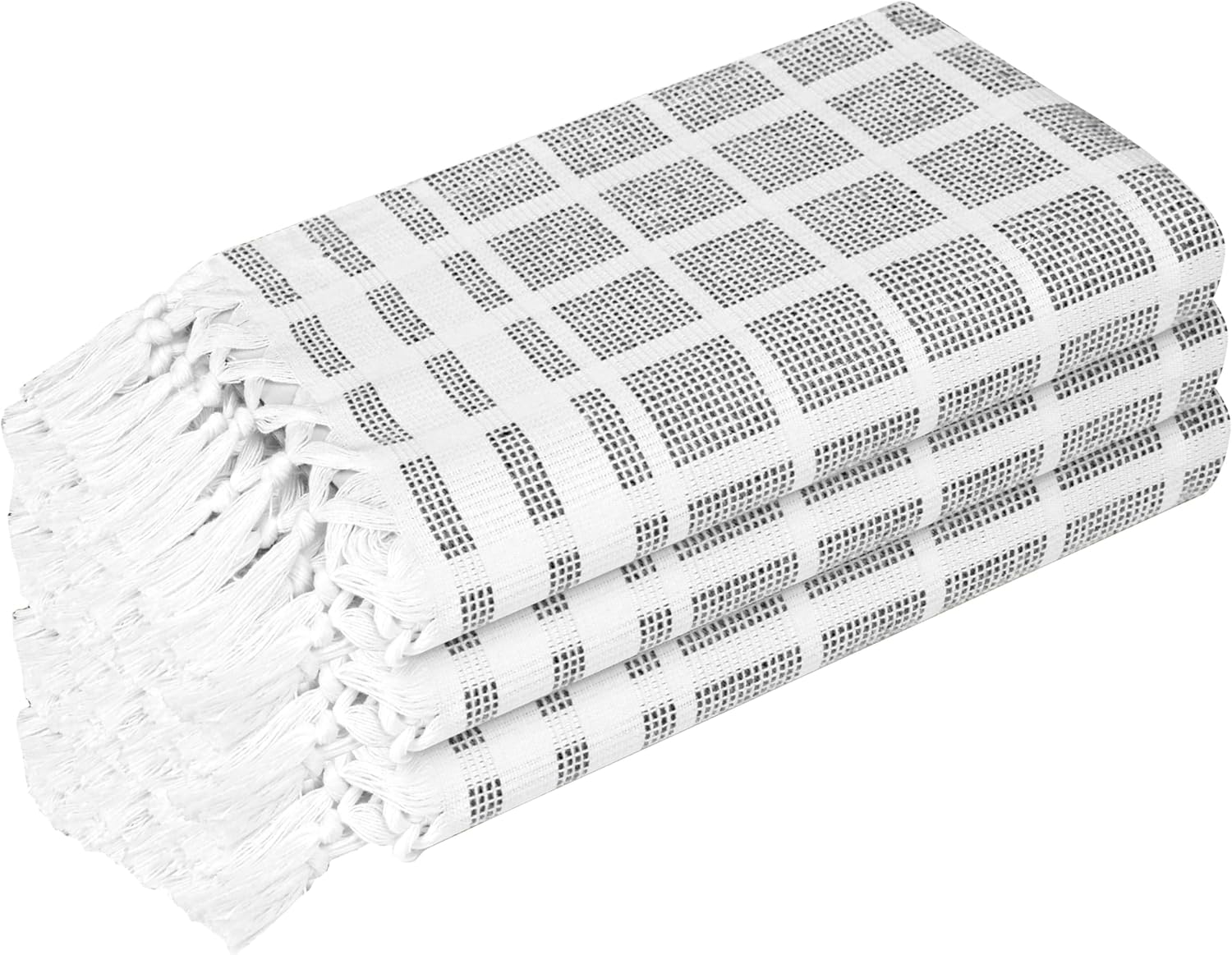 Light Grey and White Dotted Matrix Dish Towels 3 Pack, 100% Cotton, 16x26 Inch, Decorative Tassels, Absorbent, Reusable, Quick Dry Kitchen Towels for Drying Dishes and Hands
