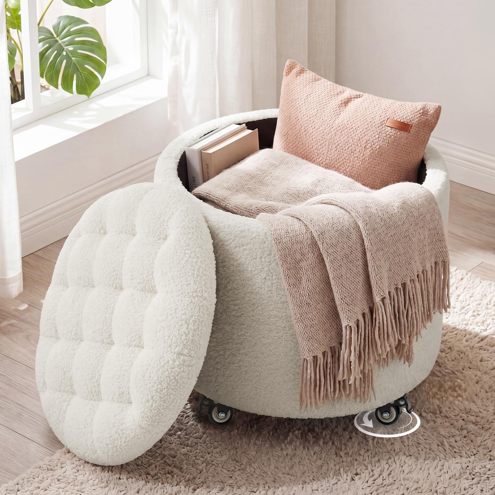 Pouf Rangement avec roulettes, 48cm Tabouret Rond avec Rangement, Tabouret Coiffeuse avec Assise Rembourrée et Couvercle Amovible pour Salon, Chambre ou Salle à Manger, Sherpa, Blanc