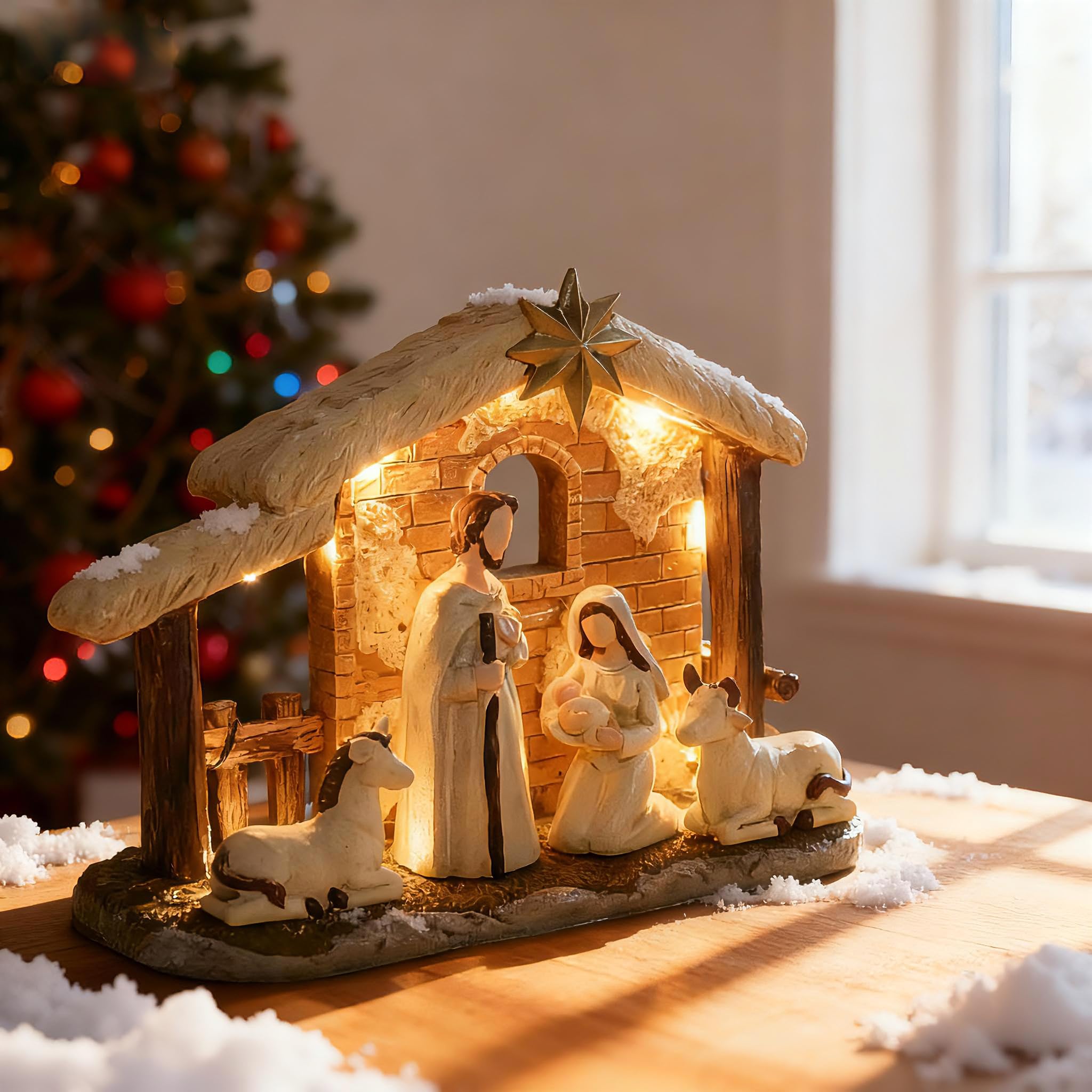 Topsky Set Completo de Belén Navideño con Iluminación - 5 Figuras Pintadas a Mano, Incluye Niño Jesús - Decoración de Adviento y Regalo Cristiano para Familiares y Amigos