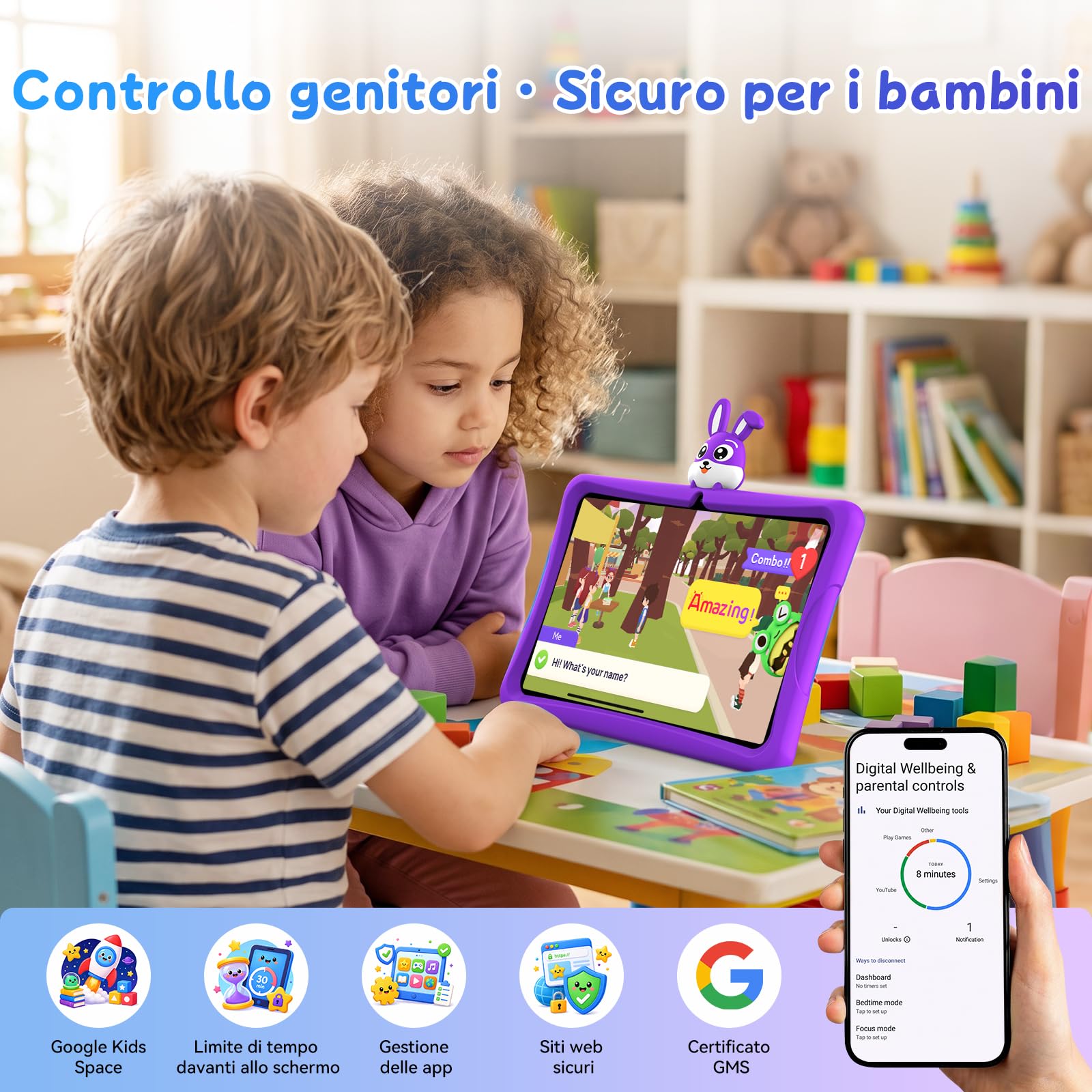 K10 Tablet per Bambini,Android 16 tablet 10 Pollici,16GBRAM+128GBROM,Viola
