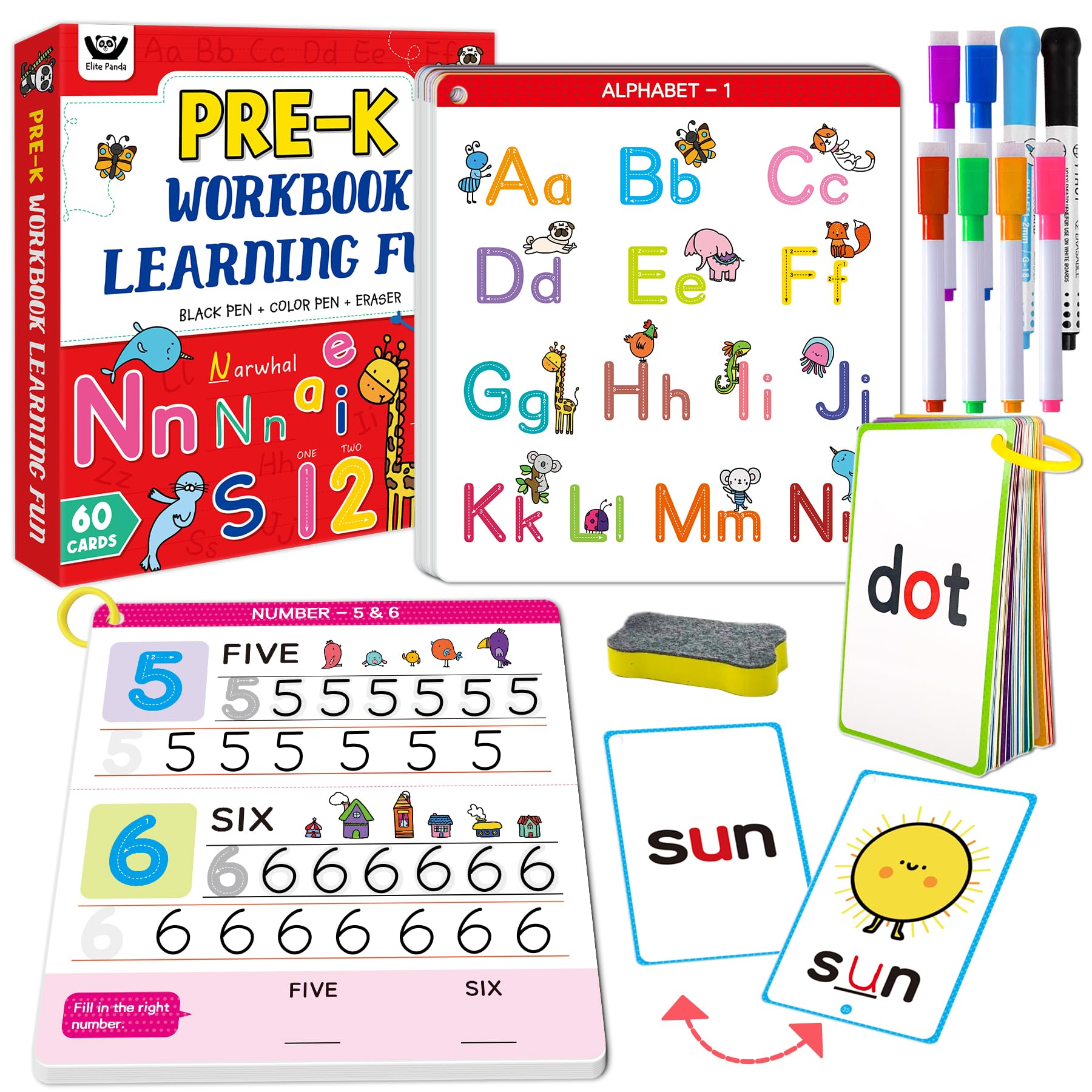 ElitePanda Preschool Learning Activities for 3,4,5,6 Year Olds | 60 Reusable Dry Erase Flash Cards, Kindergarten Workbook | Alphabet, Numbers, Sight Words Practice for Toddlers & Pre-K