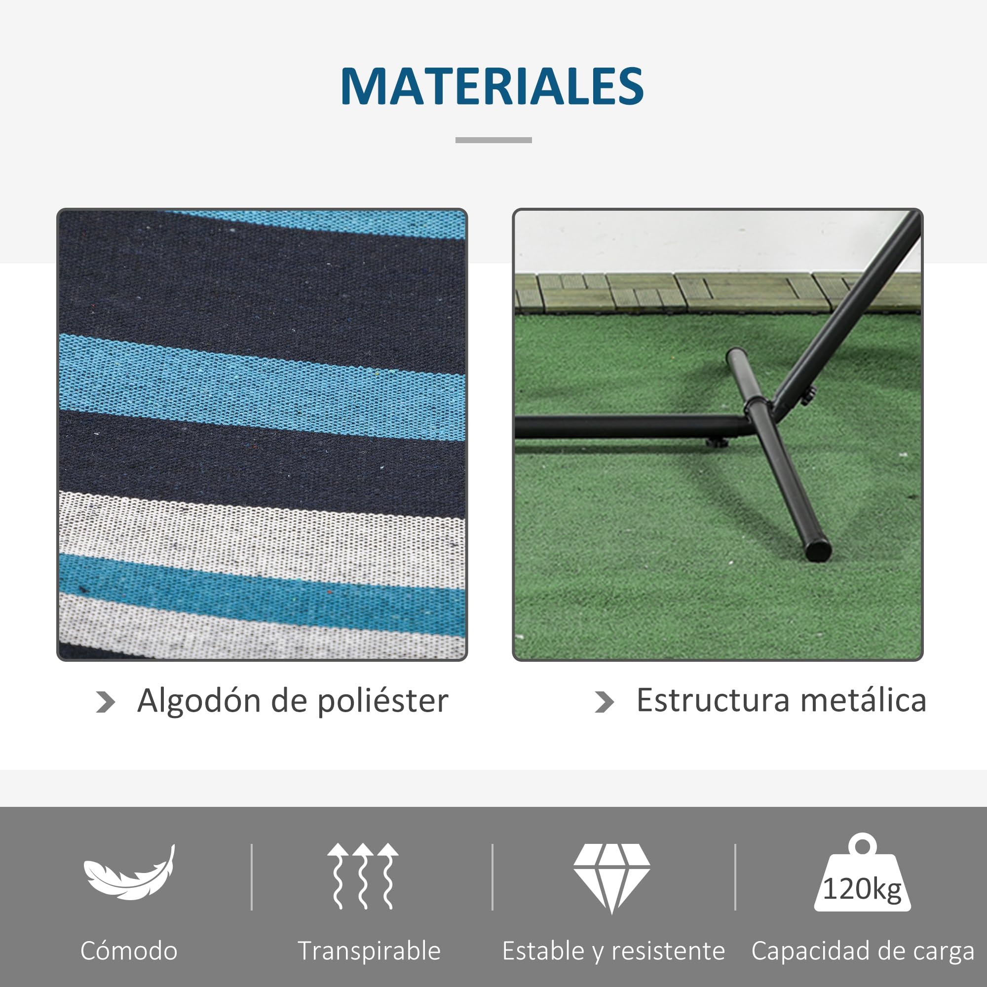Outsunny Hamaca con Soporte 310x117 cm Hamaca de Camping con Bolsa de Transporte Portátil Altura Ajustable Carga 120 kg para Patio Terraza Rayas Azul y Blanco