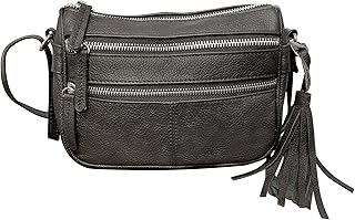 Roma Leathers Tassel Compact Body Purse - Cowhide Leather, Metal Zipper Teeth - Black