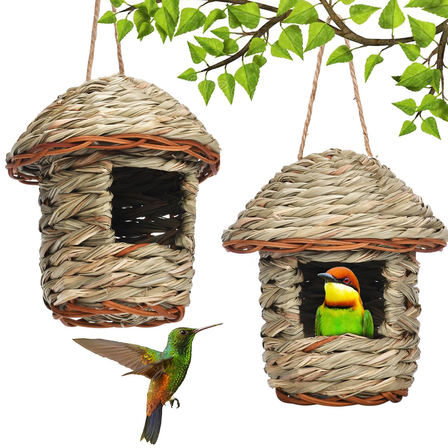 2 Piezas Nido Exterior Tejidas a Mano con Hierba, Casa Colgante para Pájaros Pequeños (Round)