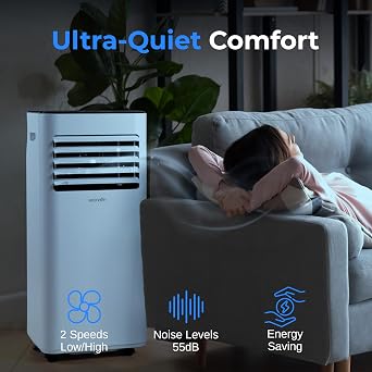 SereneLife 10000 BTU Portable Air Conditioner - Free-Standing A/C Unit w/Cooling, Dehumidifier & Fan, Energy Efficient, 320 Sq. Ft. Coverage, Includes Window Mount Kit & Wheels, 11x11x27 IN (White)