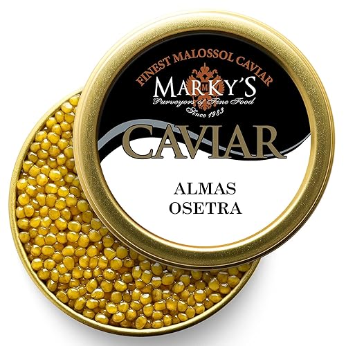 Caviar de esturión Almas Osetra Premium - 2 onzas  57 G - Malossol Almas Ossetra Roe - GARANTIZADO DURANTE LA NOCHE