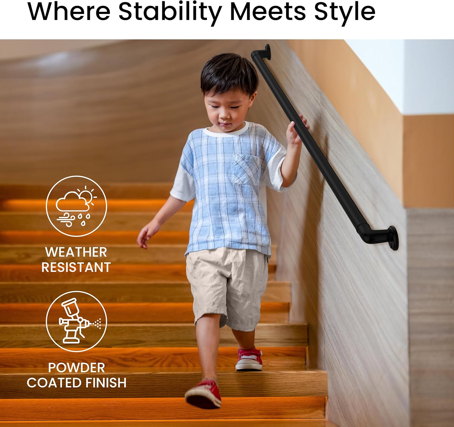 Meranti Aluminum Handrail for Stairs - ADA Compliant Wall Returns - Handrails for Indoor Stairs - Metal Handrail, Powder Coated for Outdoor Environment, DIY Handrail Kit (WHR, Black, 6' Length)