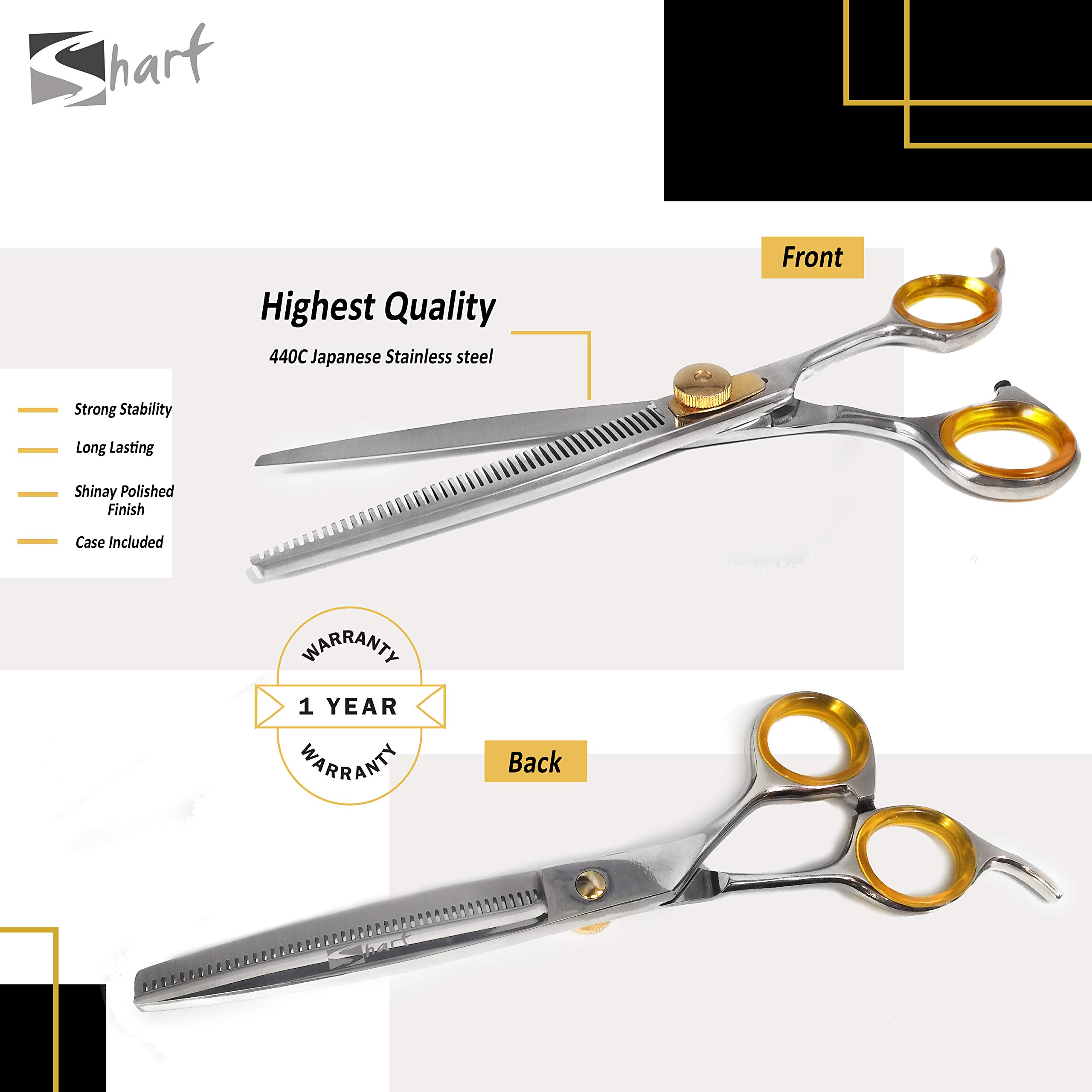 Sharf Ciseaux à effiler Gold Touch - 17,8 cm - 46 dents - Ciseaux de toilettage professionnels pour chien - Pointe fine - Ciseaux à effiler japonais en acier inoxydable 440 C